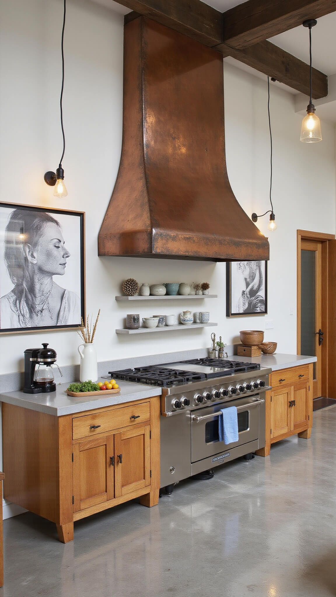 Industrial-style kitchen with copper hood, concrete countertops, maple cabinets, and Edison bulb lighting.