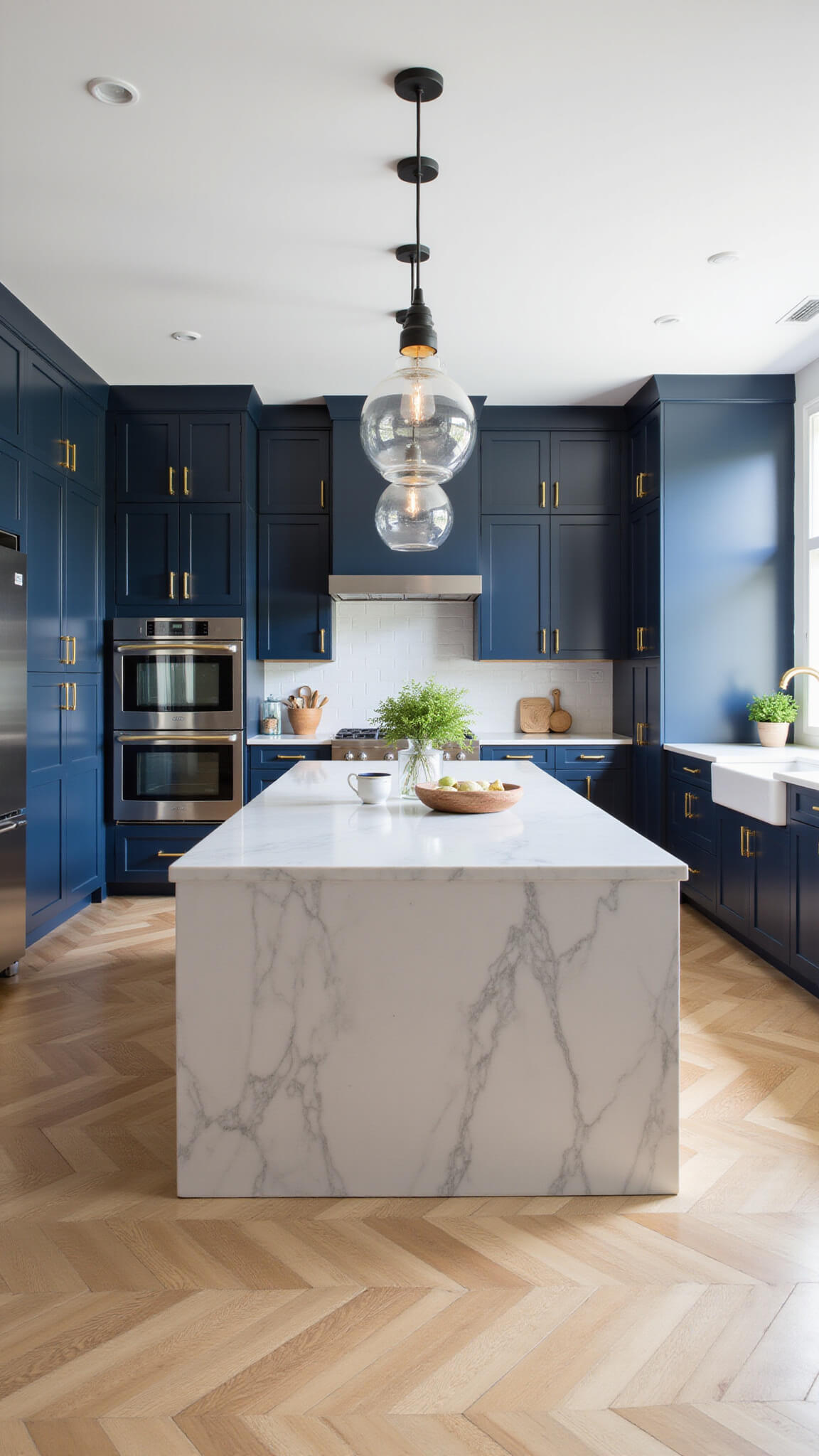 Sunlit kitchen with navy floor-to-ceiling cabinets, gold hardware, white oak island with marble top, chevron floors, and mixed modern-vintage lighting.