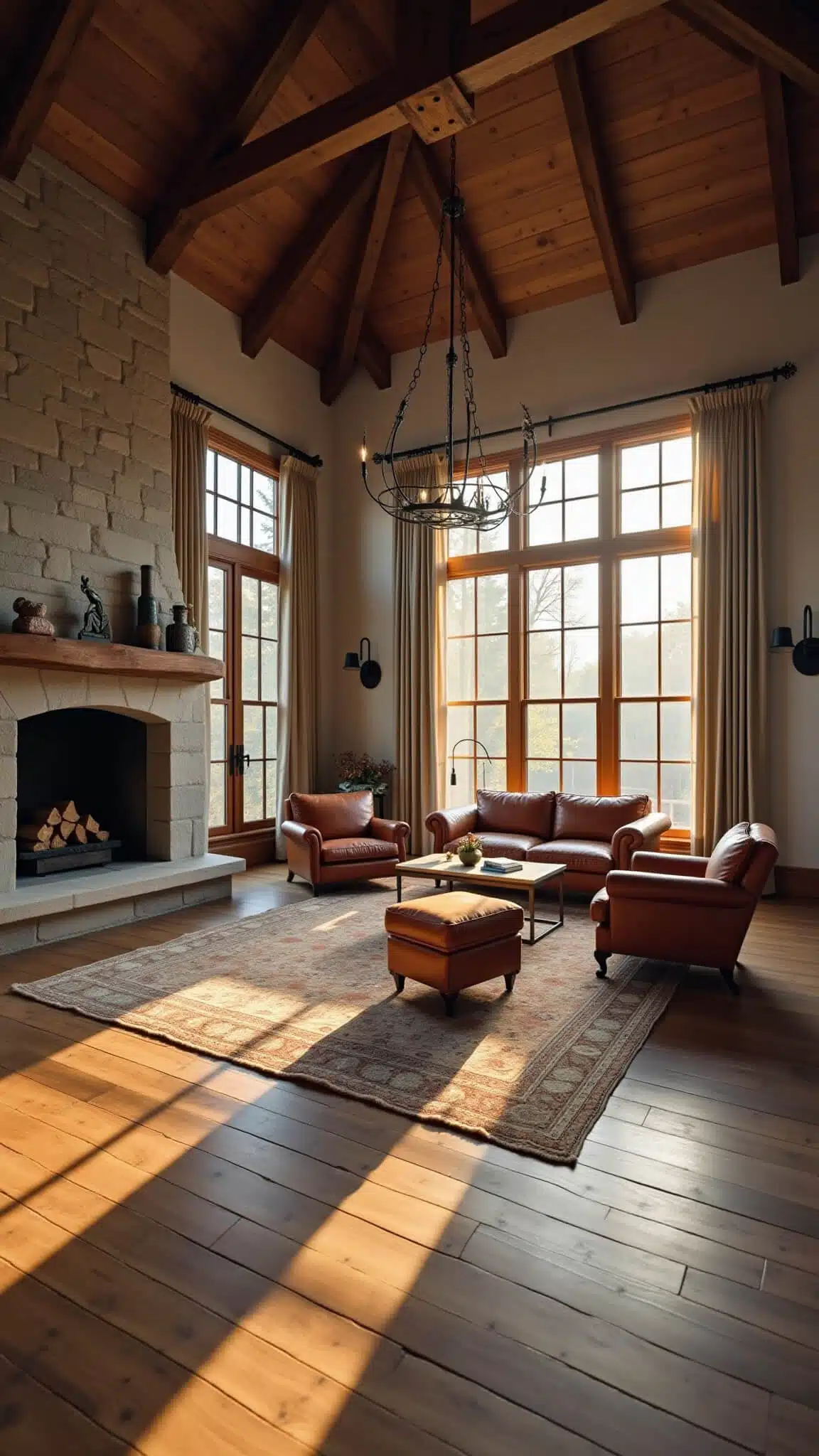 Rustic great room with cathedral ceilings, exposed timber beams, and golden hour sunlight filtering through large west-facing windows onto cozy vintage furnishings and a stone fireplace.