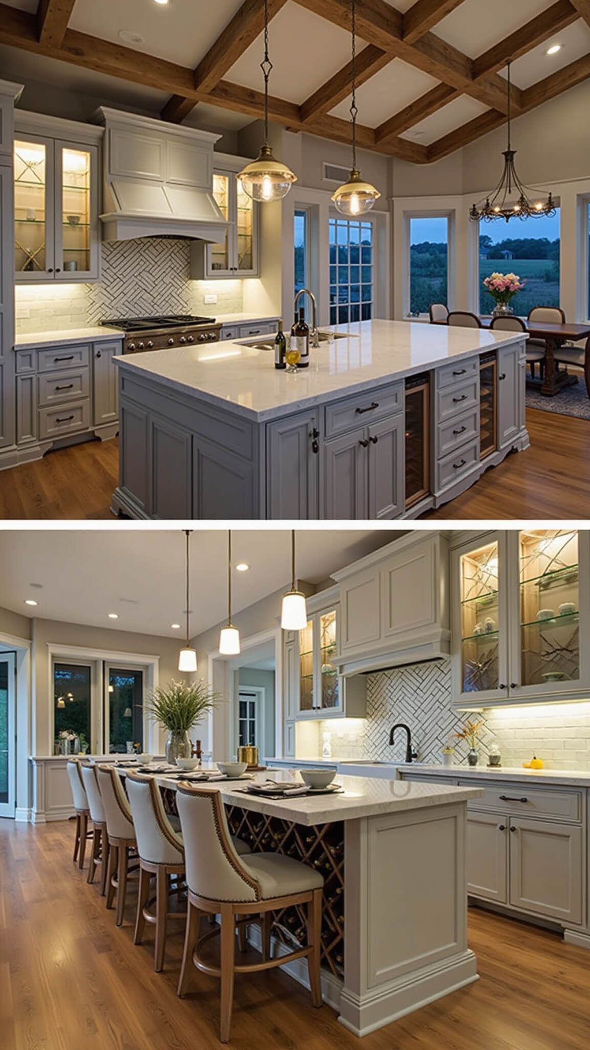 Twilight view of spacious 20x28ft kitchen with 16ft ceilings, exposed beams, illuminated glass cabinets, leathered granite island, aged brass pendants, herringbone white oak floors, and elegant dining setup.