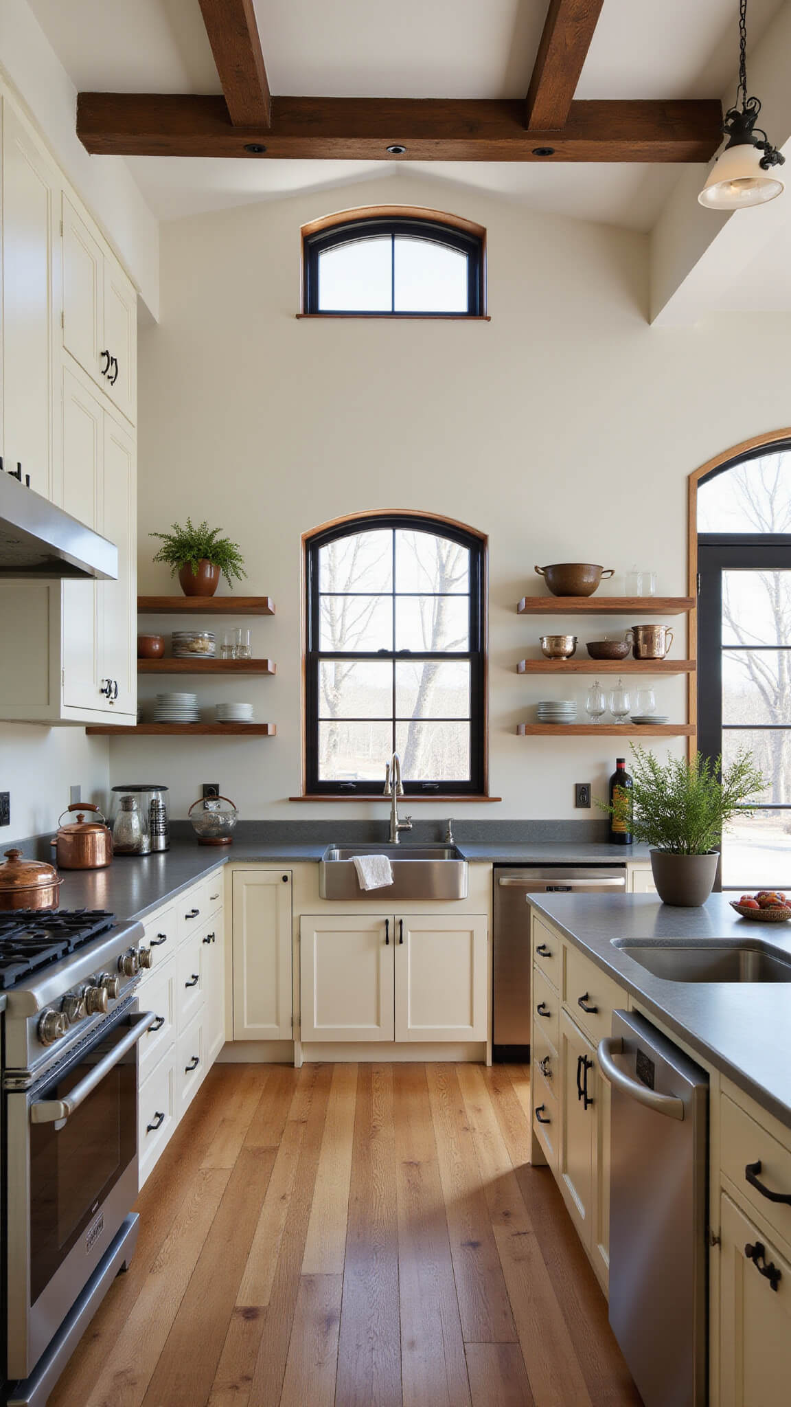 Spacious chef's kitchen with arched steel windows, cream cabinetry, zinc countertops, and professional stainless appliances under natural dawn light.