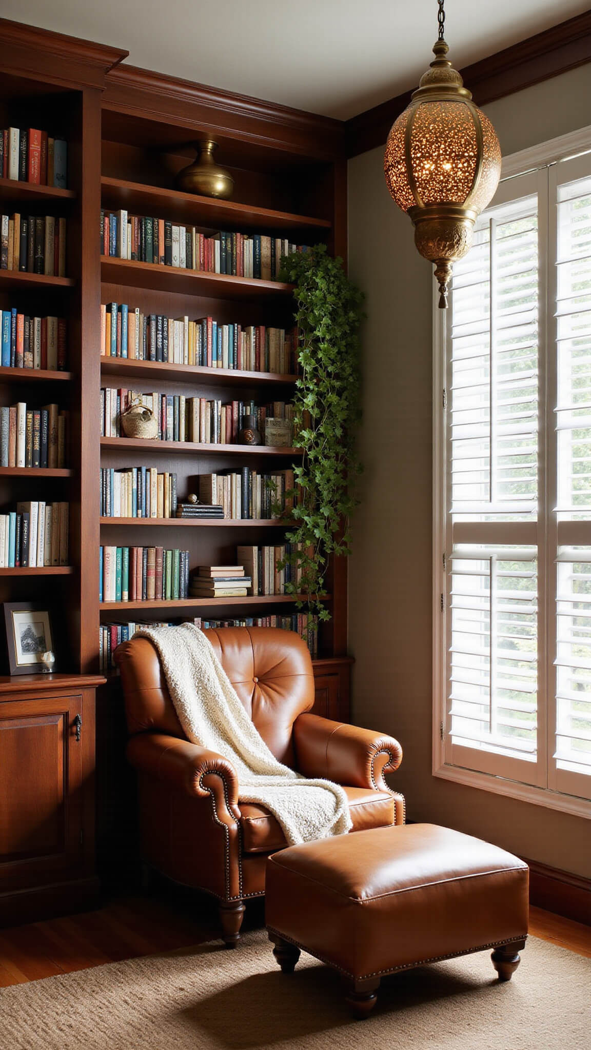 Cozy home library nook with dark walnut floor-to-ceiling shelves, colorful books, trailing plants, and a cognac leather chair with ottoman under morning light.