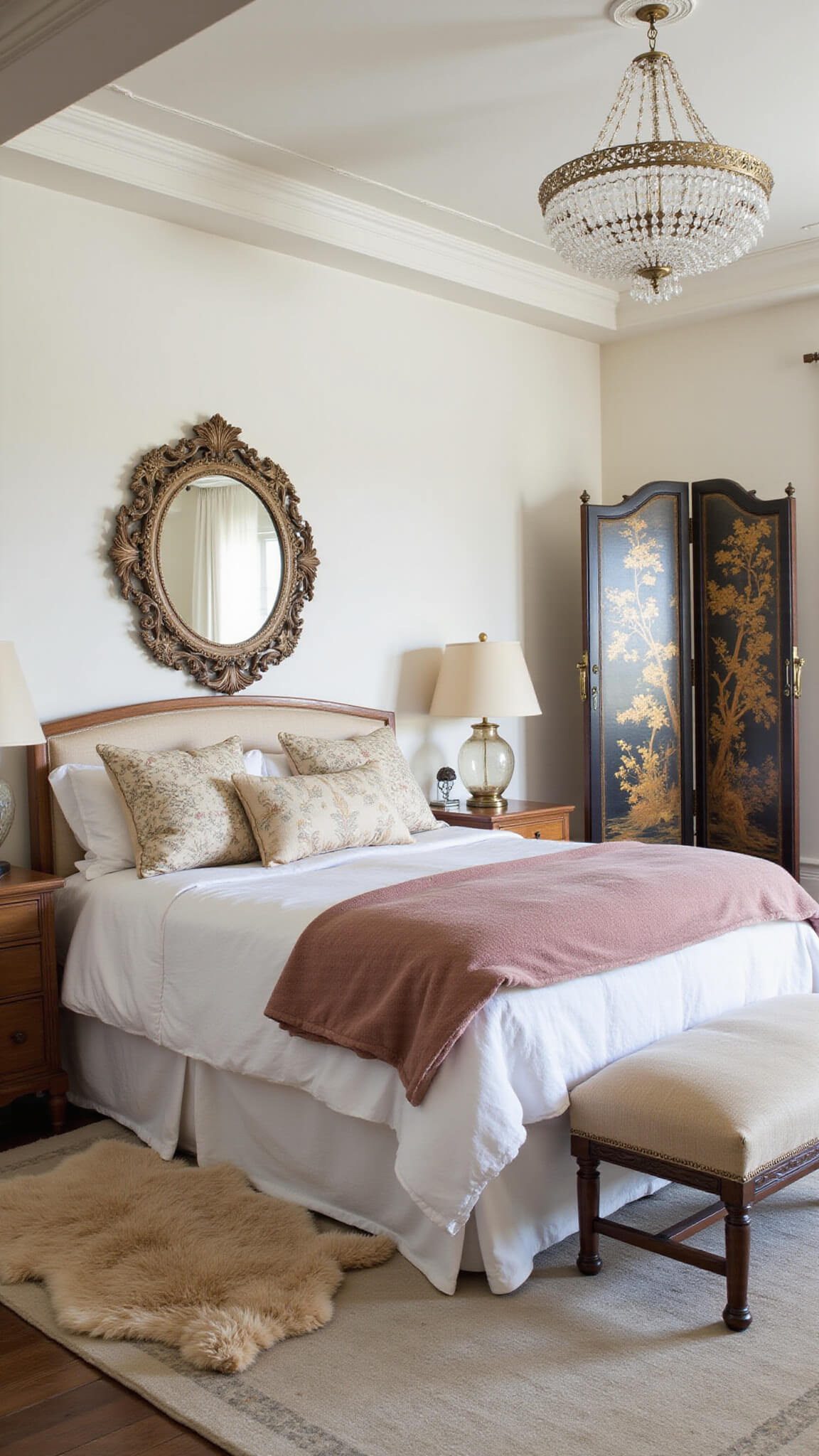 Romantic master bedroom with tray ceiling, vintage chandelier, king bed in white and dusty rose linens, embroidered pillows, antique dresser, chinoiserie screen, and sheepskin rugs, viewed from doorway.