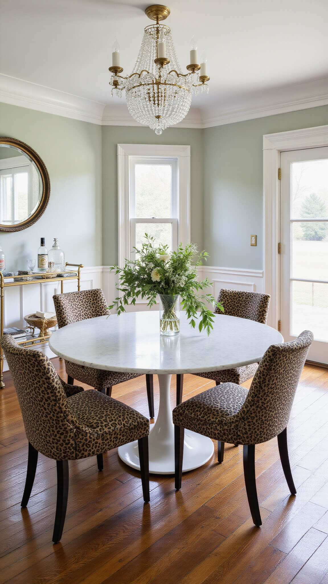 Eclectic elegant dining room with round marble table, mismatched upholstered chairs, crystal chandelier reflected in vintage mirror, and styled brass bar cart in natural midday light.