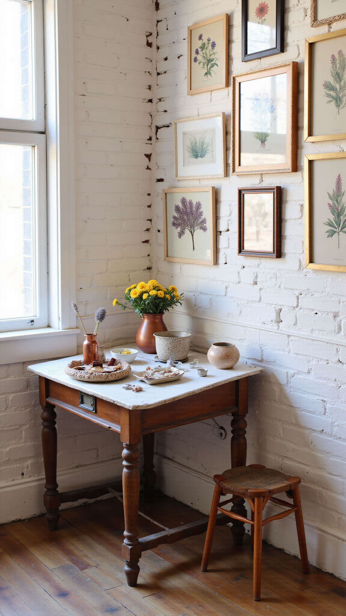 Artist's studio corner with vintage drafting table holding ceramics, dried flowers, and art supplies in copper vessels, framed by north-facing windows and warm white painted brick wall adorned with botanical prints.