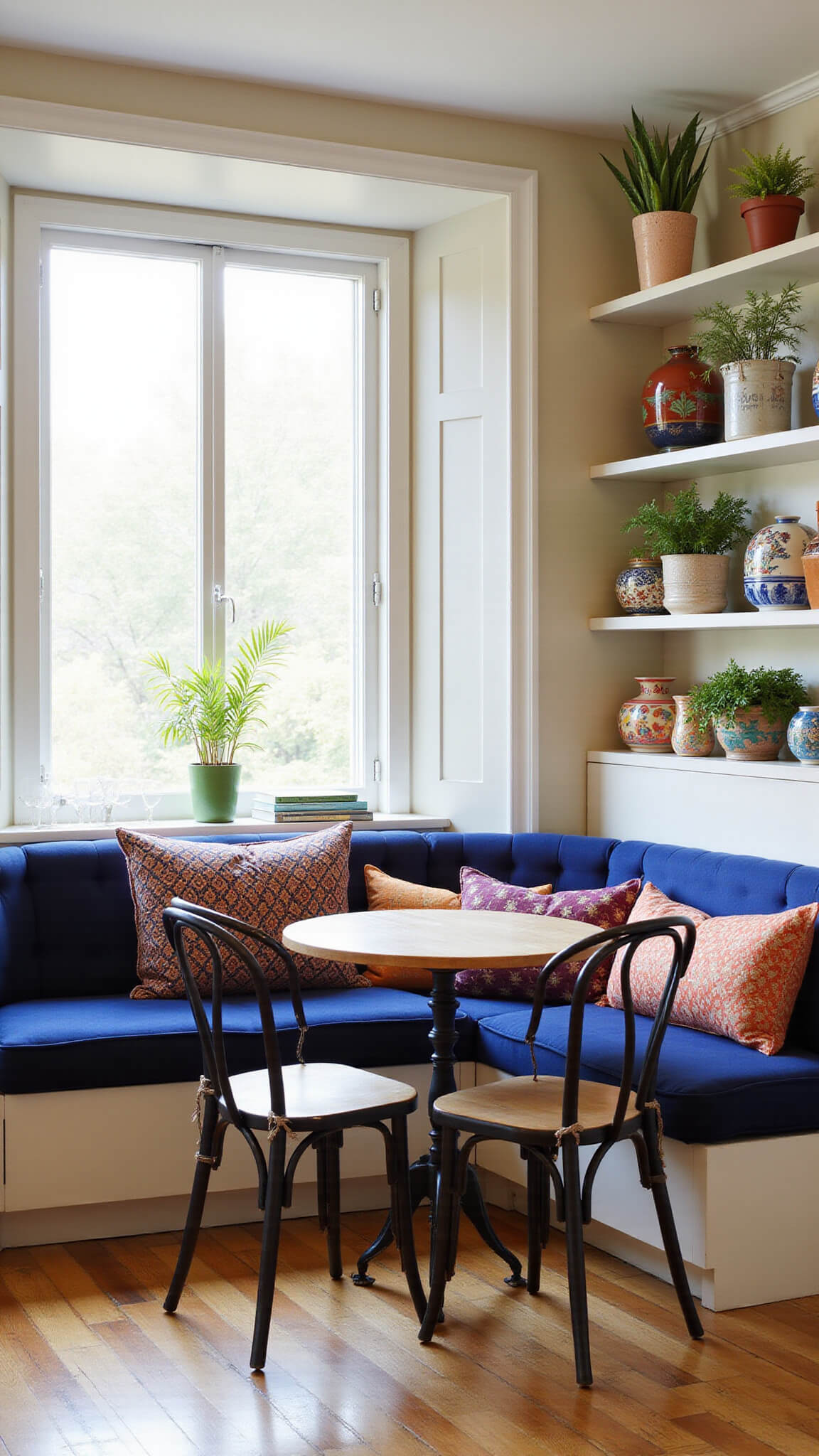 Cozy kitchen breakfast nook with bay window, navy velvet banquette, patterned pillows, round bistro table, vintage café chairs, open shelves with colorful pottery, and hanging trailing plants in morning light.