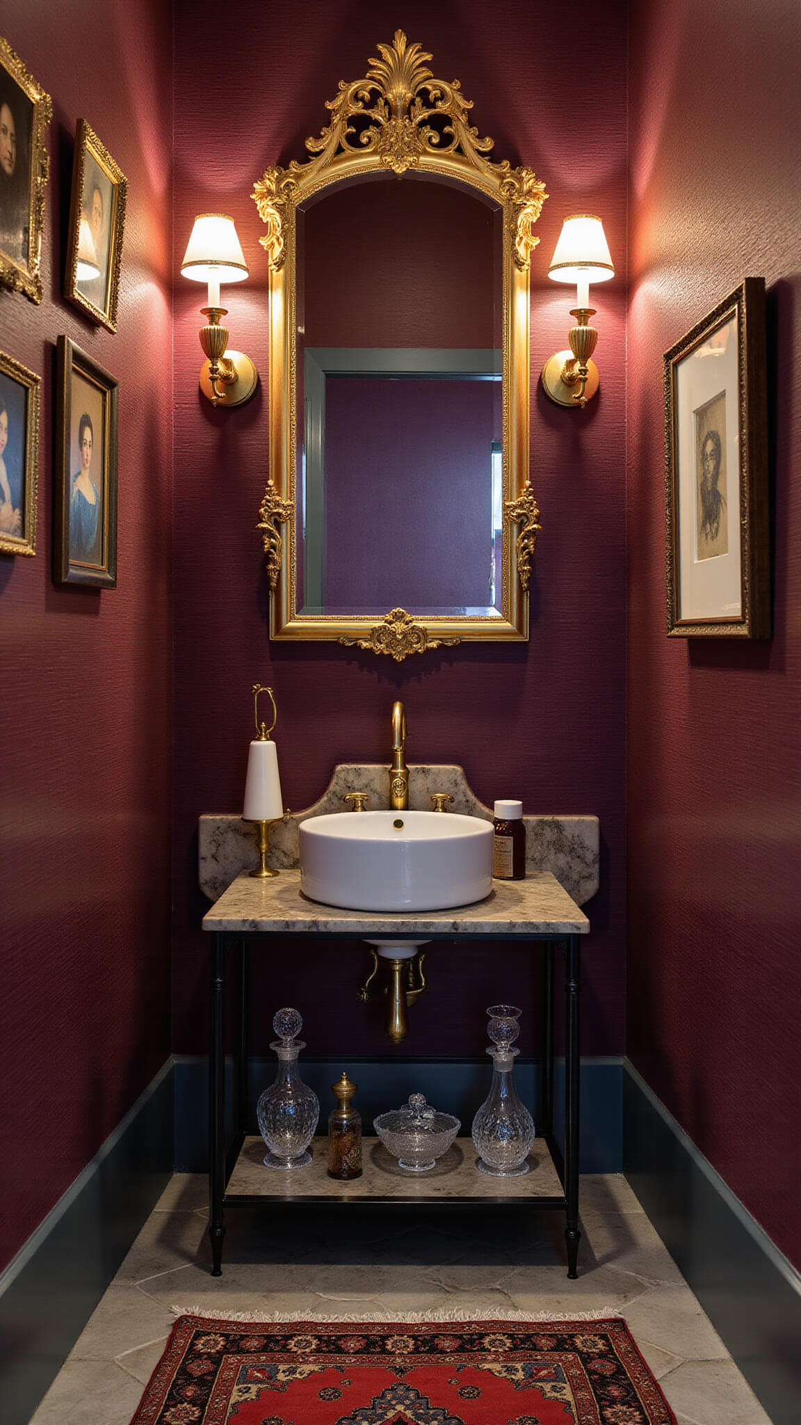 Elegant 6x8ft powder room with deep aubergine grasscloth wallpaper, ornate gilt mirror over a pedestal sink, vintage brass sconces, antique portrait gallery wall, marble shelf with crystal decanters and perfume bottles, Turkish kilim rug on hex tile floor, viewed head-on for symmetry.