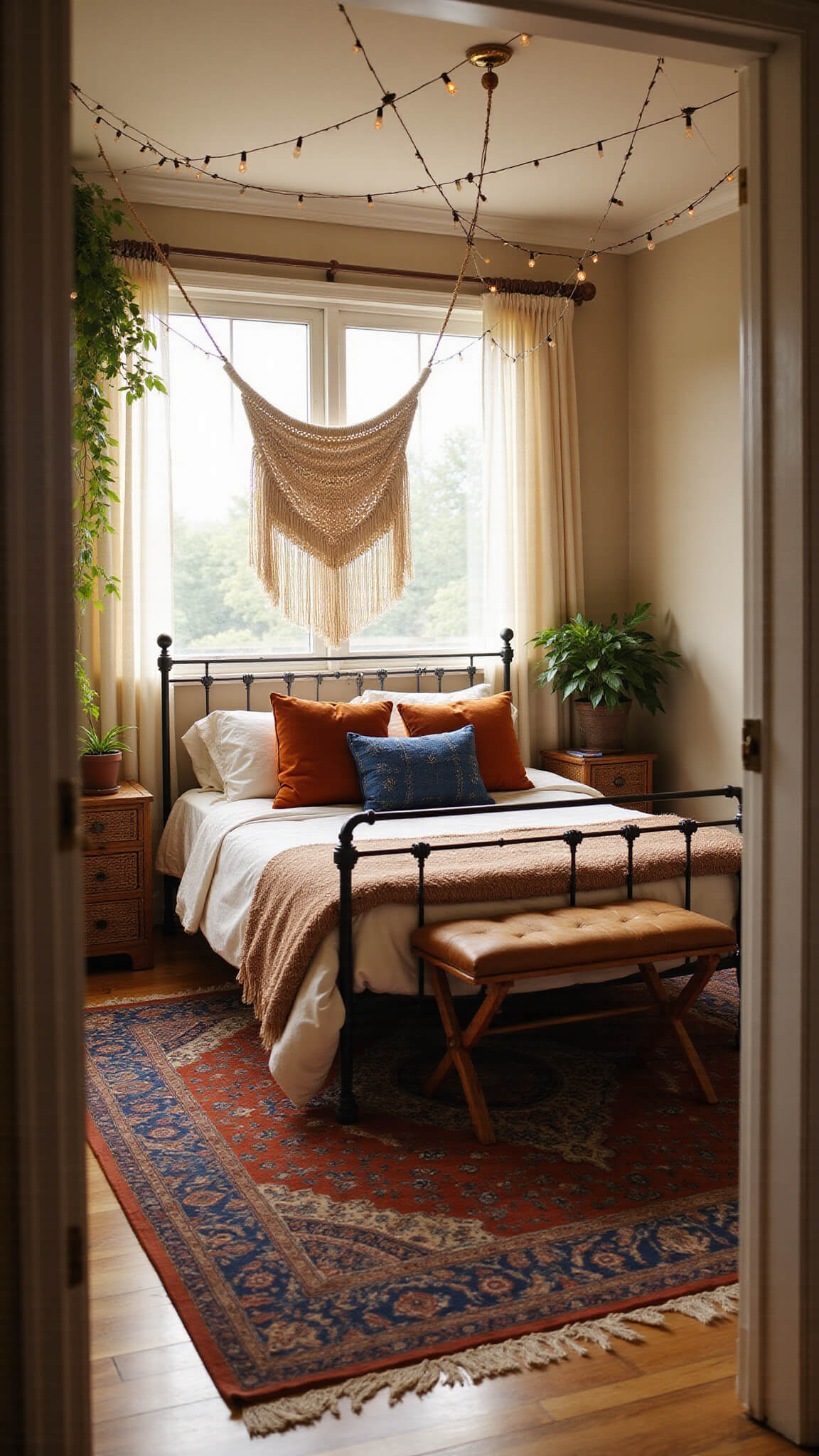 Boho bedroom with wrought iron queen bed, vintage nightstands, macramé wall hanging, and plants in golden hour light.