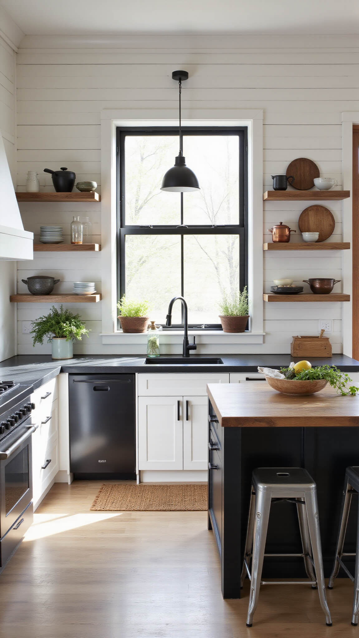 Modern barn kitchen bathed in morning light, featuring black-framed windows, white shiplap walls, black soapstone countertops, open industrial shelving with pottery and copper cookware, farmhouse sink, reclaimed wood island, and metal bistro stools.