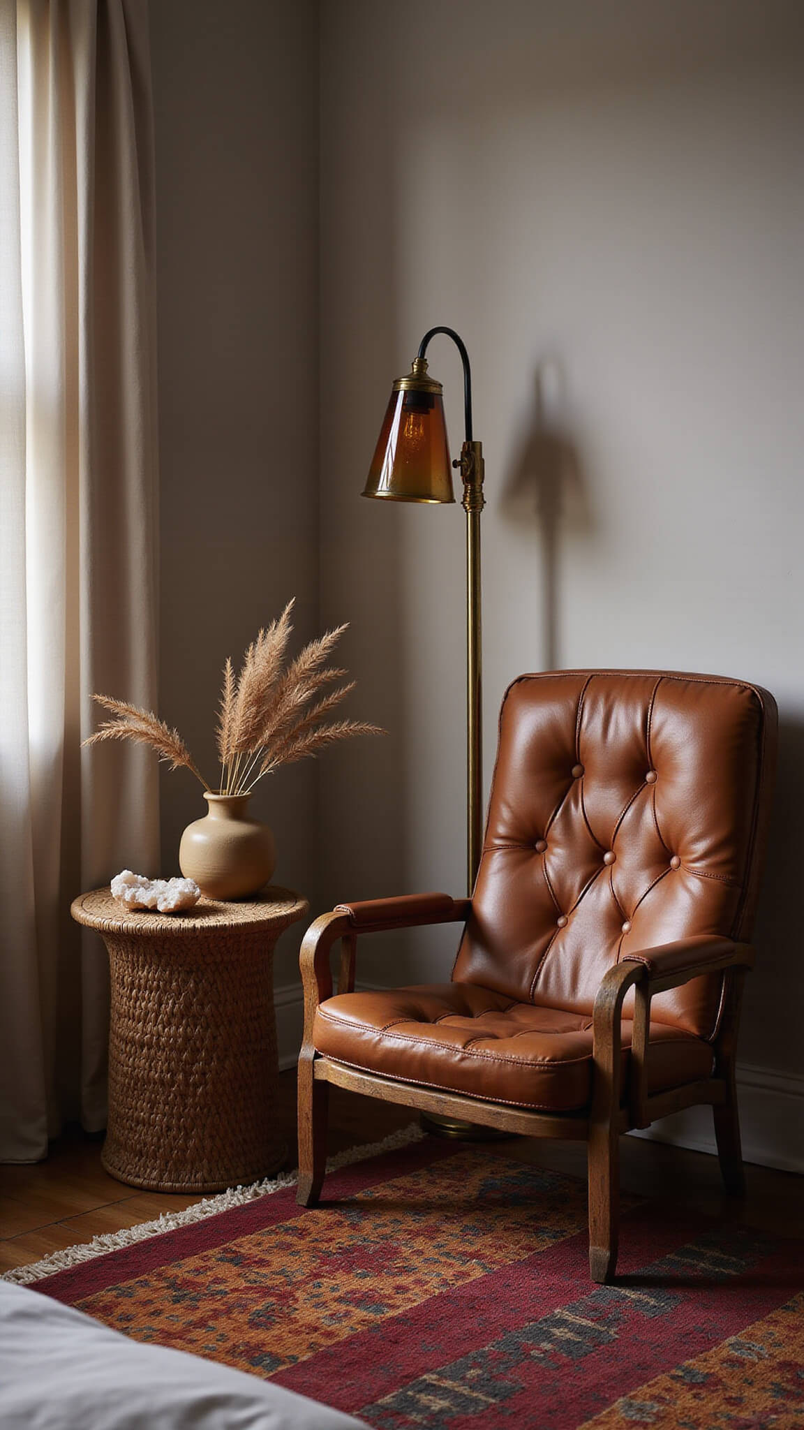 Boho bedroom corner at dusk with leather chair, brass lamp, vintage rugs, and rattan table with crystals and pampas grass.