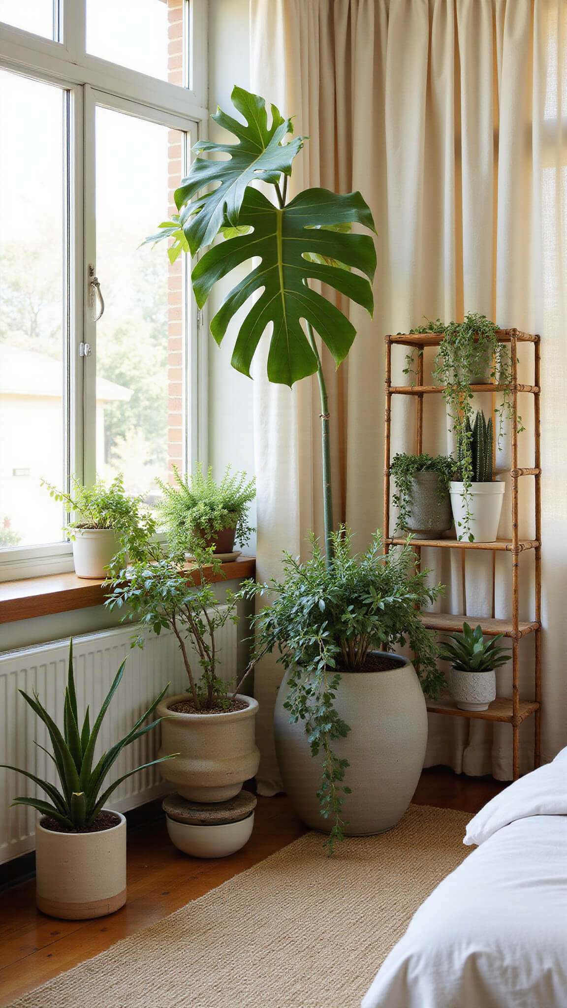 Boho bedroom corner with large monstera in ceramic planter, trailing vines on bamboo ladder, layered jute and sisal rugs, and soft golden hour light through sheer curtains.
