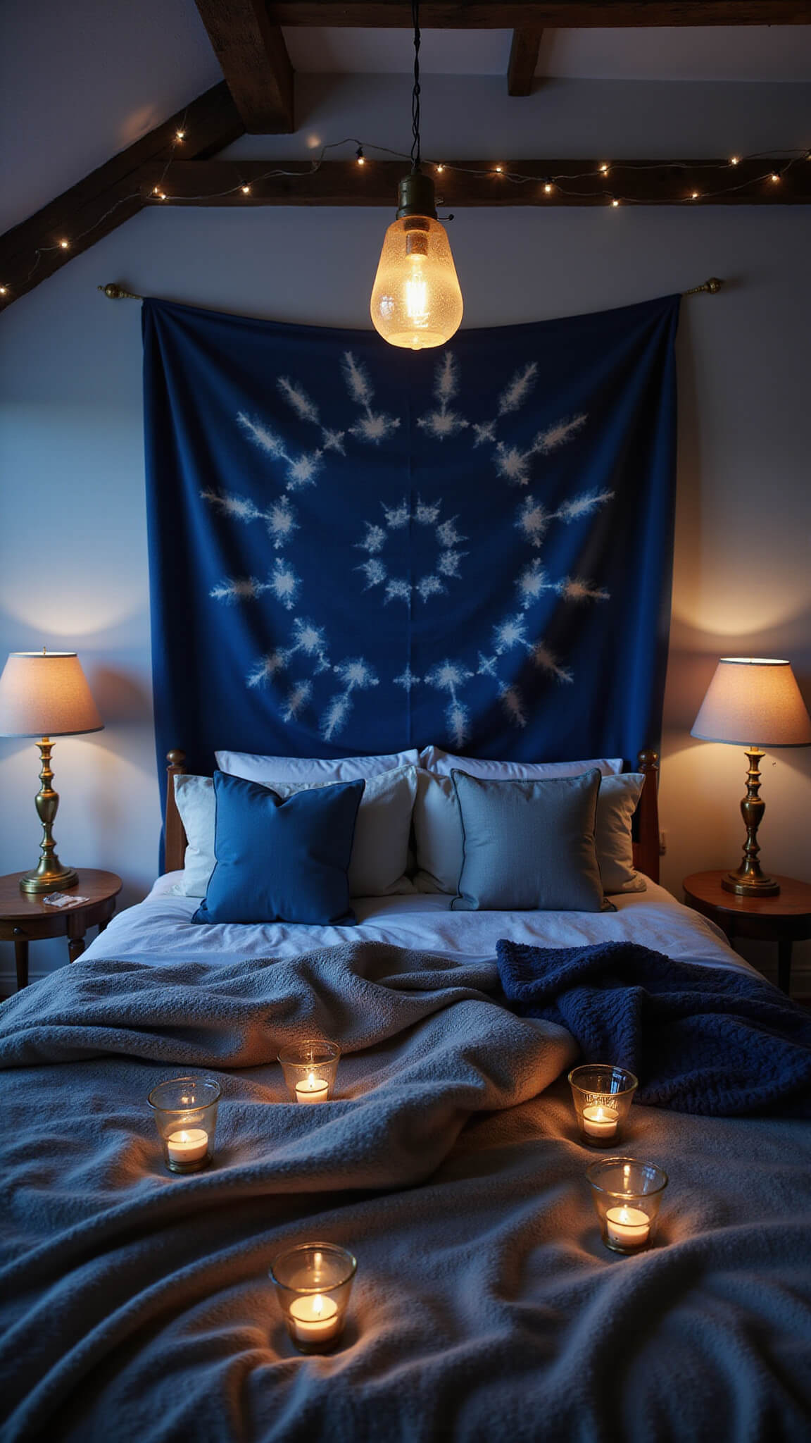 Cozy bedroom at blue hour with layered lighting, brass sconces, pendant lantern, string lights, and indigo tapestry backdrop.