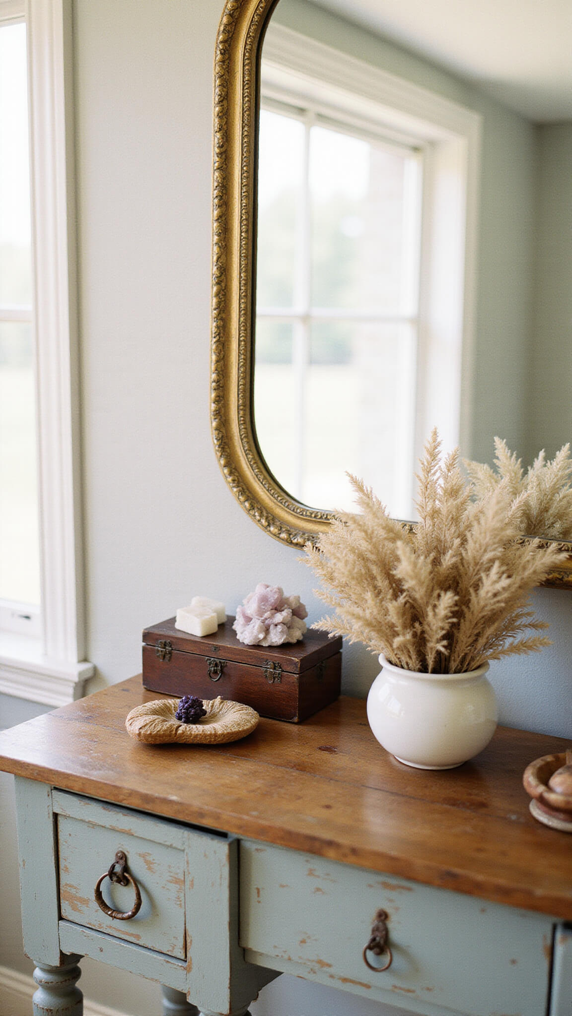 Boho vanity vignette with gold mirror, wooden console, travel keepsakes, dried flowers, and warm natural lighting.