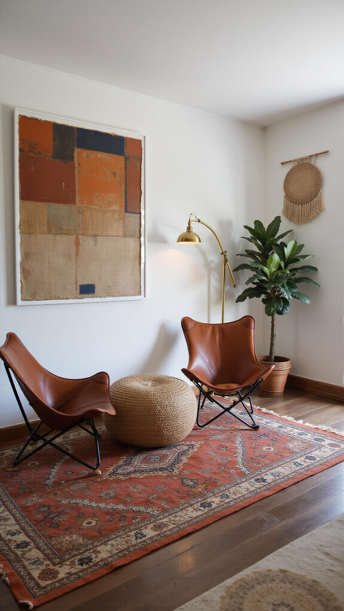 Master bedroom sitting area with leather butterfly chairs, jute pouf, layered vintage rugs, abstract earth-tone art, brass floor lamp, handwoven wall hanging, and fiddle leaf fig in moody twilight lighting.