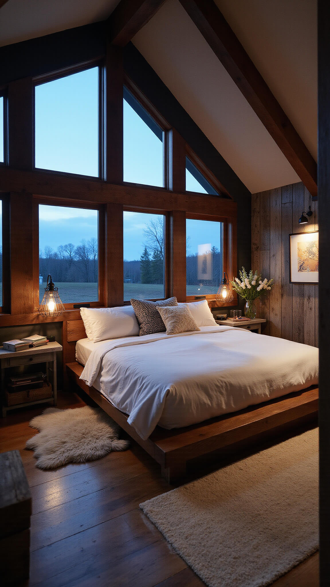 Cozy barn loft bedroom at dusk with platform bed, white linens, sheepskin rugs, and warm lighting under gambrel roof.