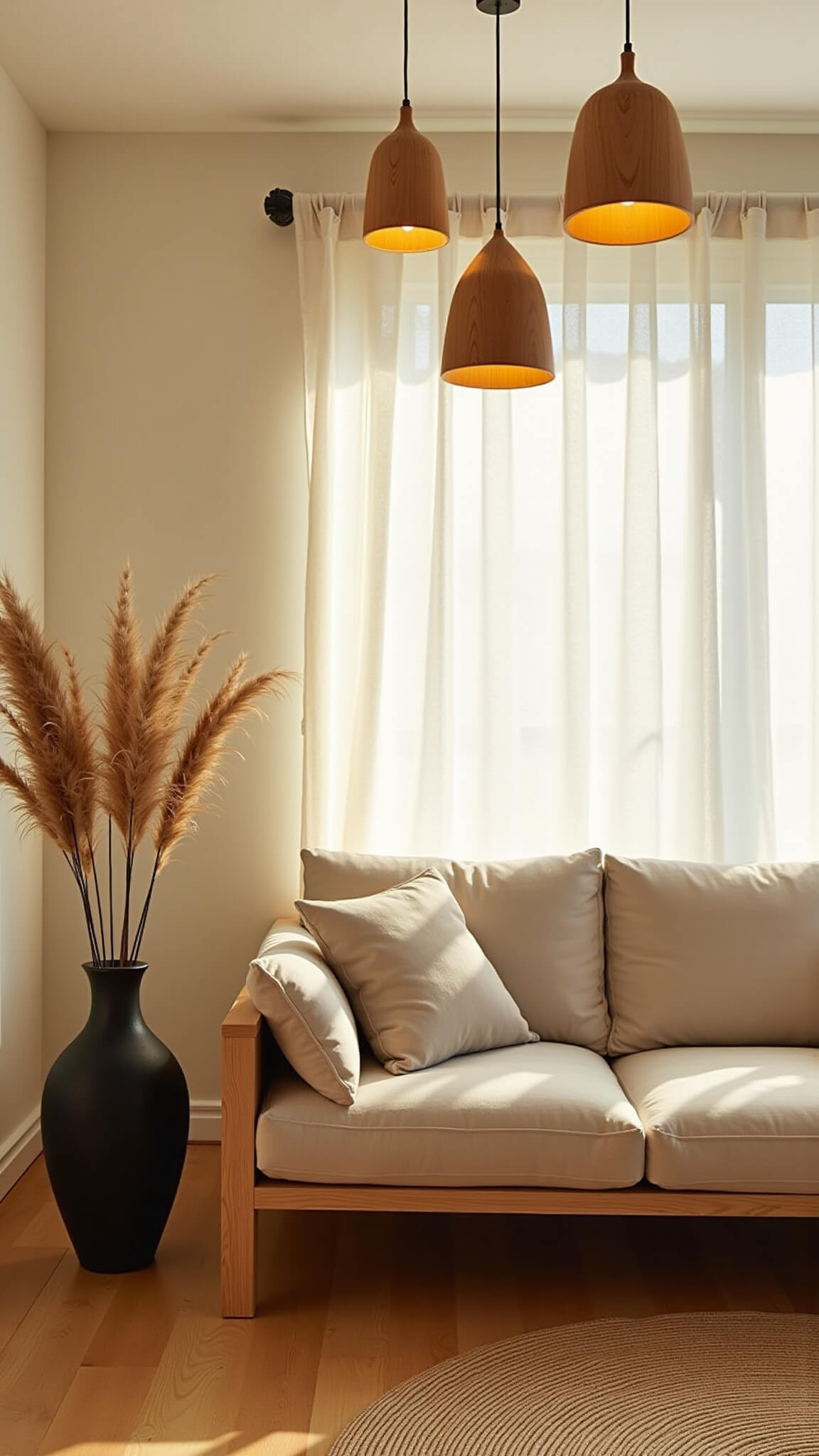 Japandi-style living room with pendant lights and beige sofa bathed in golden hour sunlight.