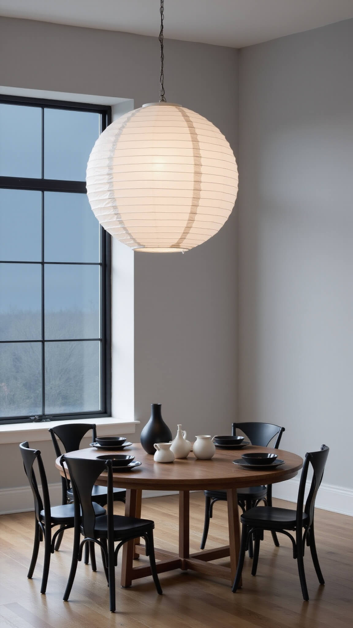 Modern dining room with oversized paper lantern pendant above round walnut table, black wishbone chairs, and minimalist decor.