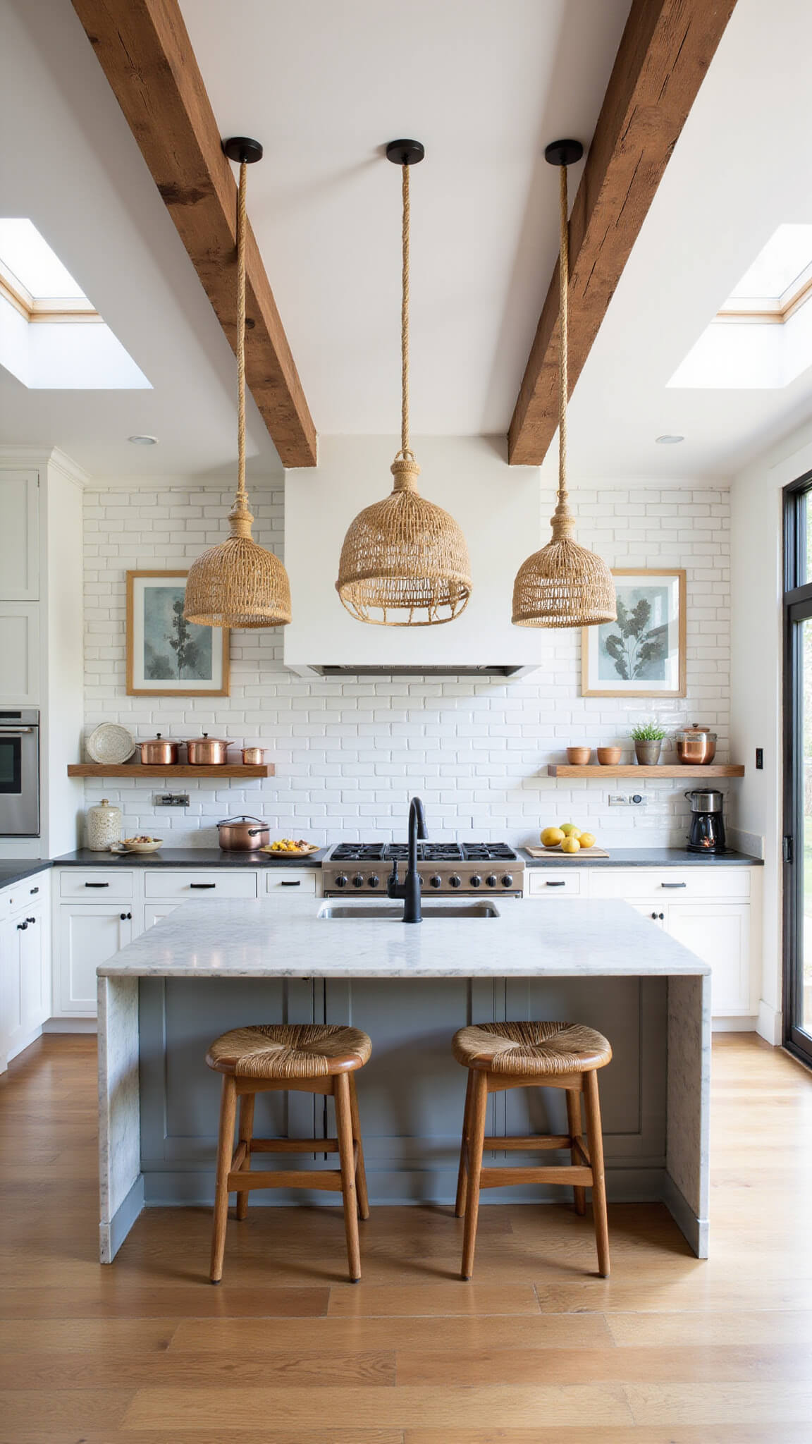 Bright 10x12ft kitchen with exposed wooden beams, white subway tiles, rattan pendant lights over a marble island, wooden stools, matte black hardware, and copper cookware lit by morning skylight.