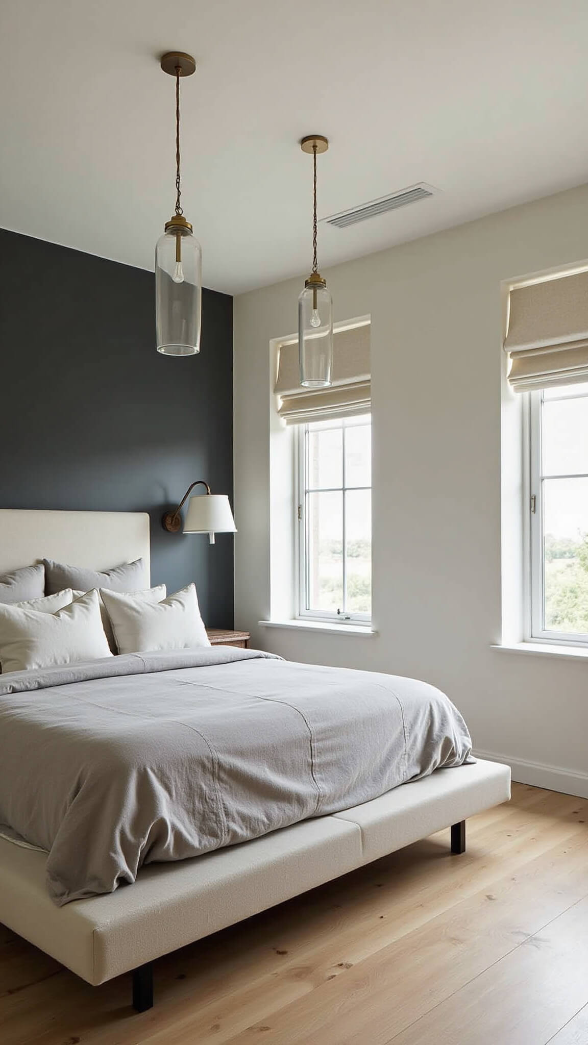 Tranquil primary bedroom with tray ceiling, pendant lights over a platform bed, charcoal accent wall, light oak floors, and soft dawn lighting.