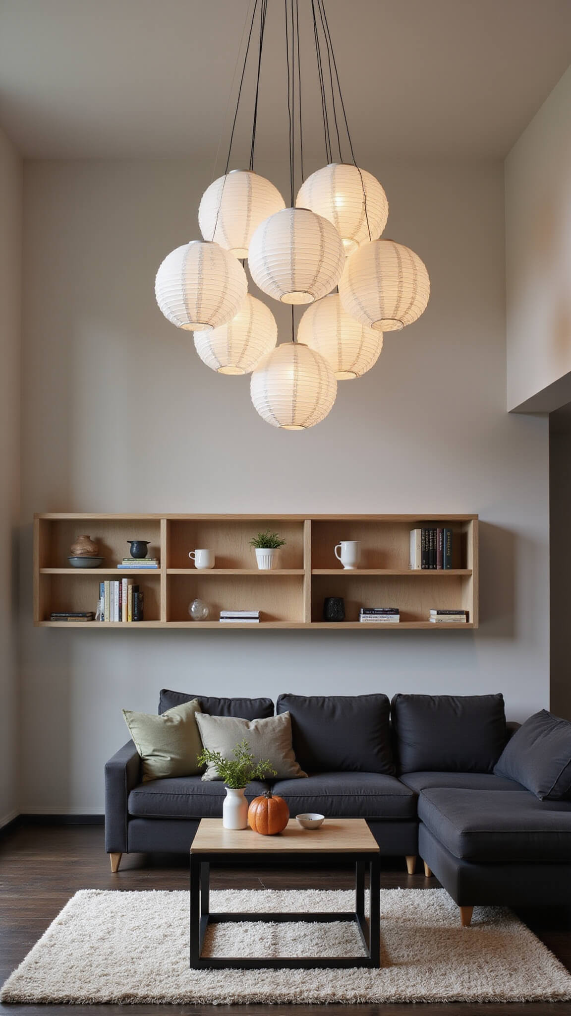 Overhead view of a contemporary 16x16ft open-concept room at dusk, featuring staggered paper lantern pendant lights, charcoal sectional sofa, bleached oak shelves, and a chunky wool rug on dark flooring.
