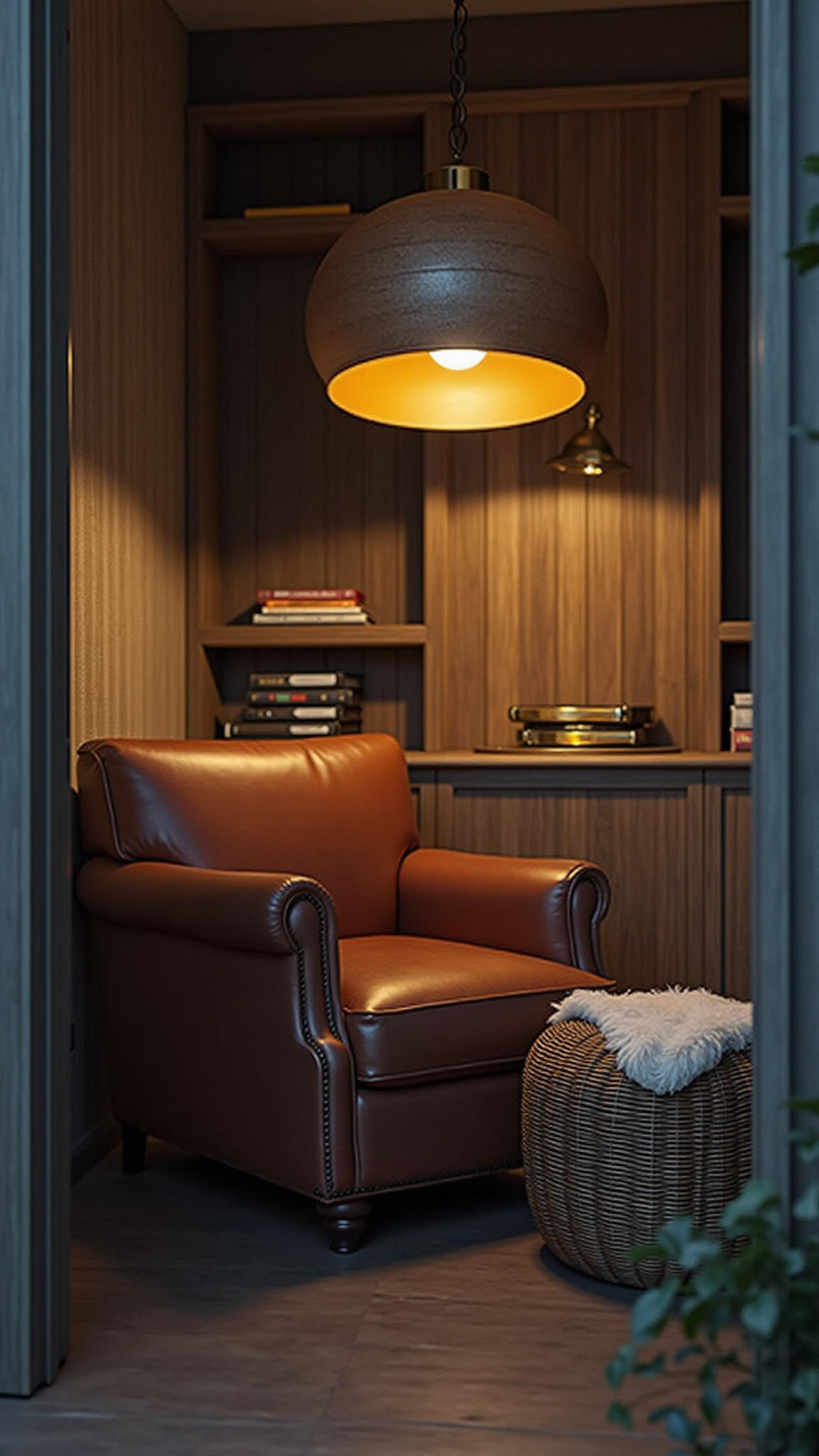 Cozy twilight reading nook with leather chair under a large wooden pendant light, surrounded by built-in shelves, warm wallpaper, and soft textures.