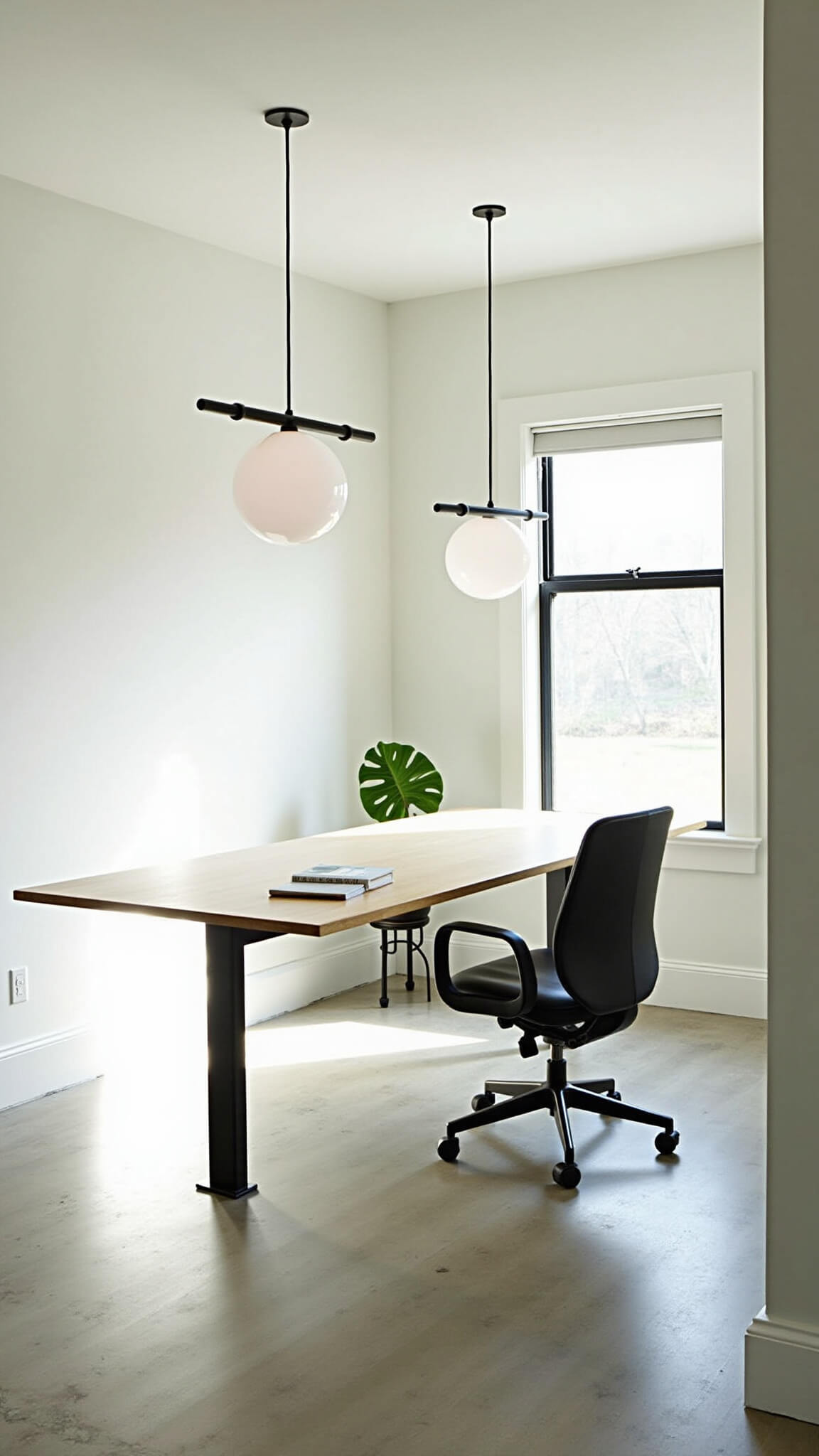 Minimalist 12x14ft home office with concrete floors, white walls, black-framed windows, floating desk, asymmetrical pendant lights, and a fiddle leaf fig tree in morning light.