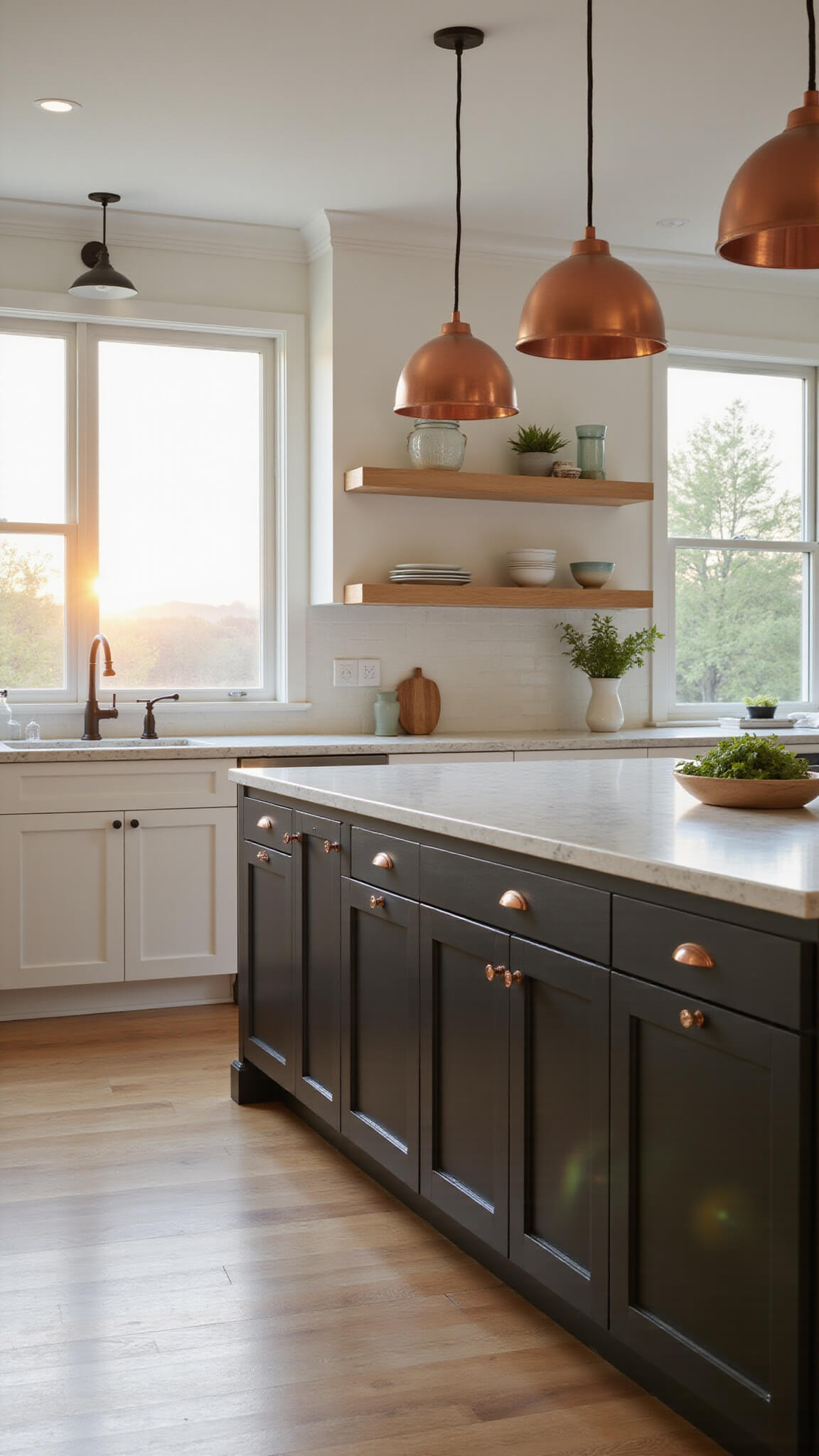 Bright modern kitchen with white shaker cabinets, marble island, copper pendant lights, and natural golden hour lighting through west-facing window.