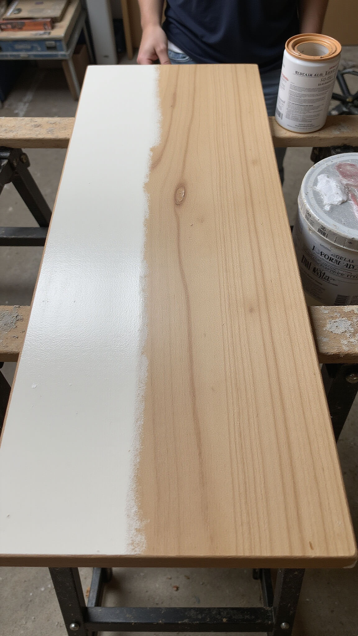 Close-up of kitchen cabinet door on sawhorses, partially sanded to reveal wood grain, surrounded by organized painting tools under LED workshop lighting.