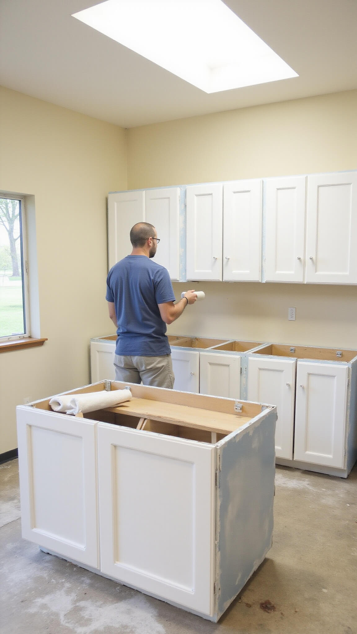 Priming kitchen cabinets in morning light with foam roller, doors removed, taped edges, and clean workspace.