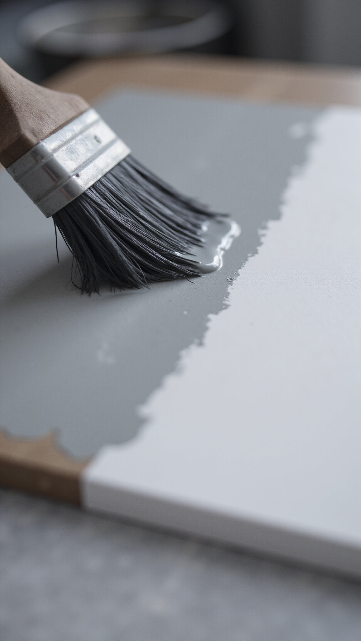 Macro close-up of paintbrush applying smooth gray paint over white primer on cabinet surface, with sharp bristle detail and controlled paint flow.