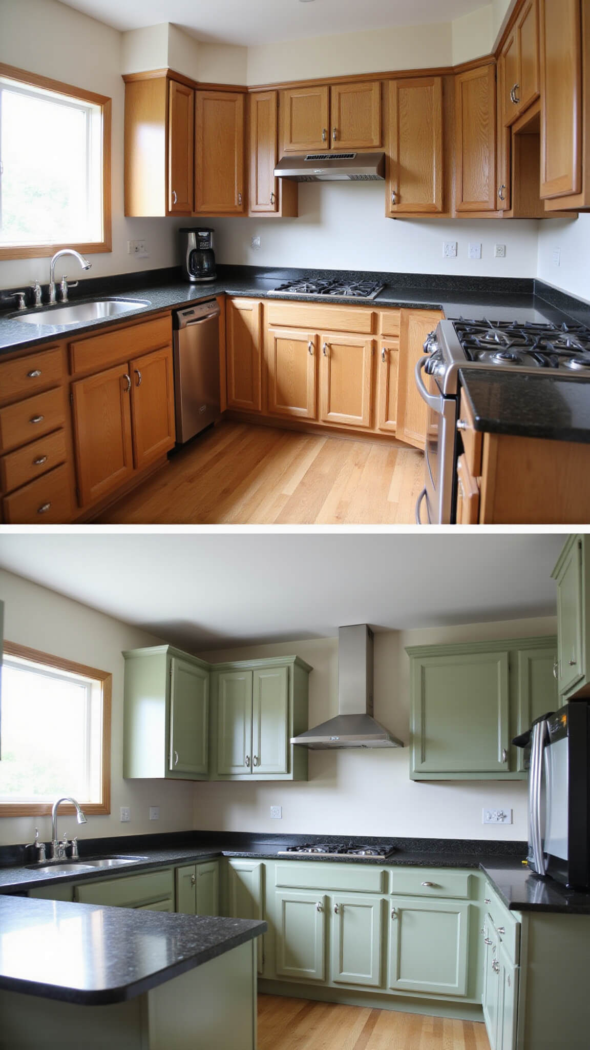 Split-view kitchen transformation showing dated oak cabinets on the left and modern sage green cabinetry on the right, with matching granite countertops and mixed metal hardware under natural daylight.