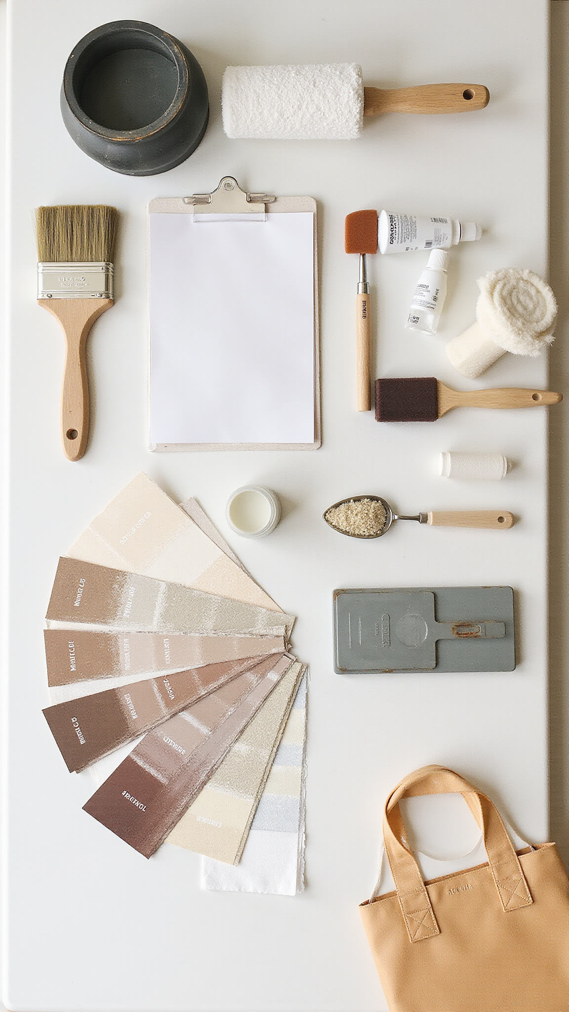 Overhead view of neatly arranged professional painting supplies on white backdrop, including brushes, rollers, primers, sandpaper, and warm-toned paint samples in soft natural light.