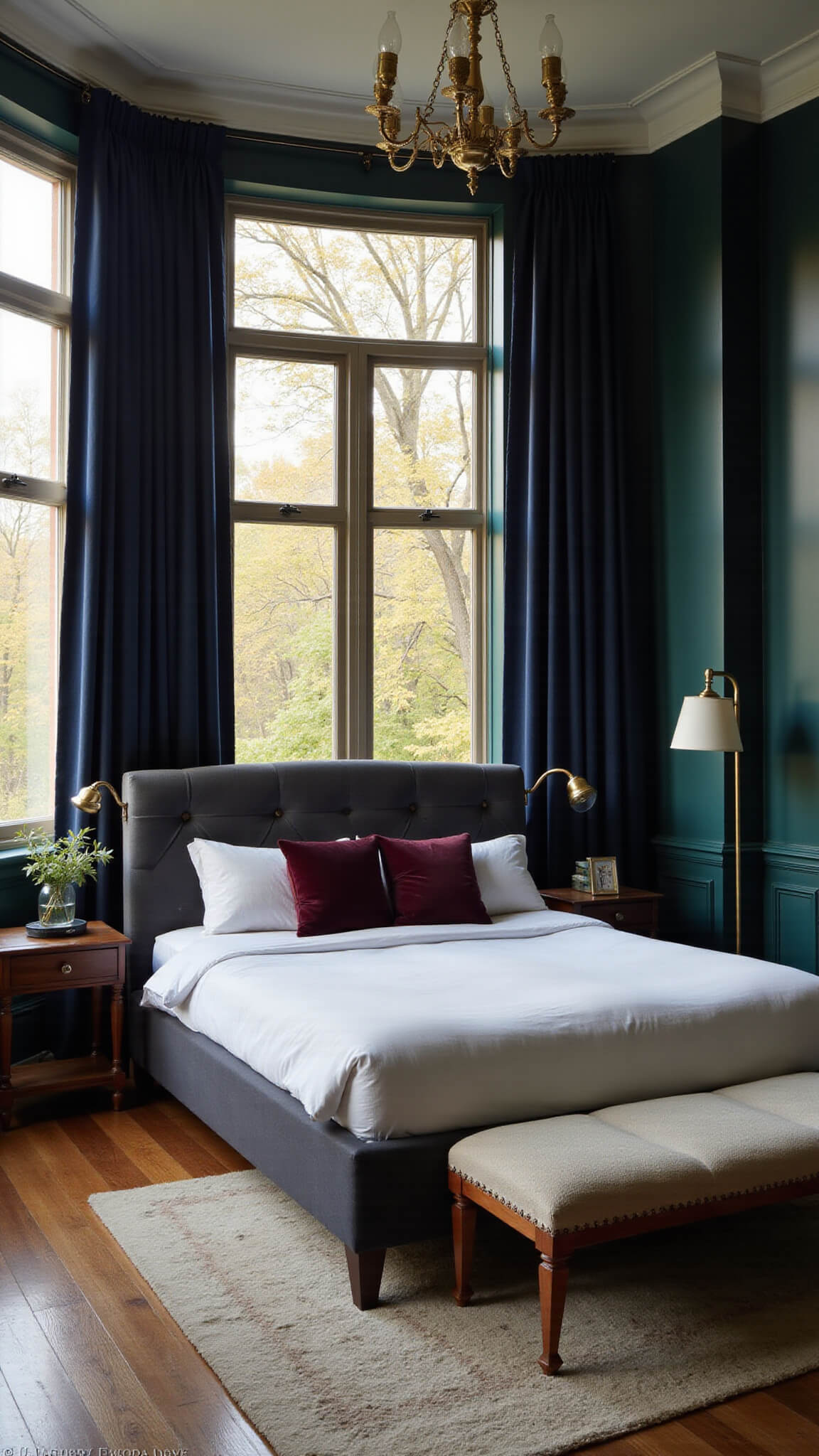 Moody 14x16ft bedroom with 10ft ceilings, emerald walls, king-sized bed, vintage lighting, and golden afternoon light through navy curtains.