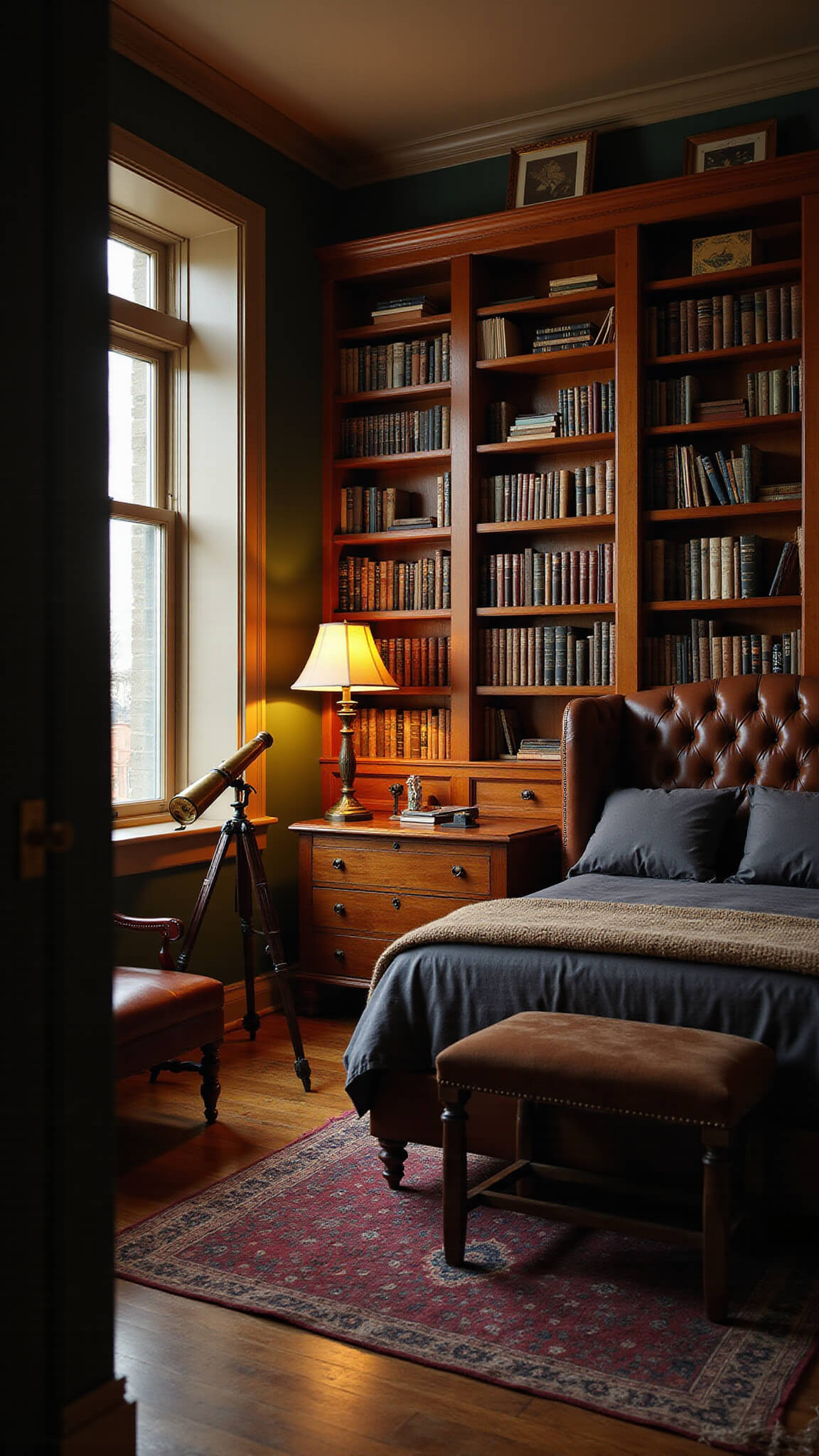 Cozy 12x14ft scholar's retreat bedroom with green walls, amber desk lamp lighting bookshelves, leather chesterfield bed, vintage telescope by window, and burgundy Persian rug.