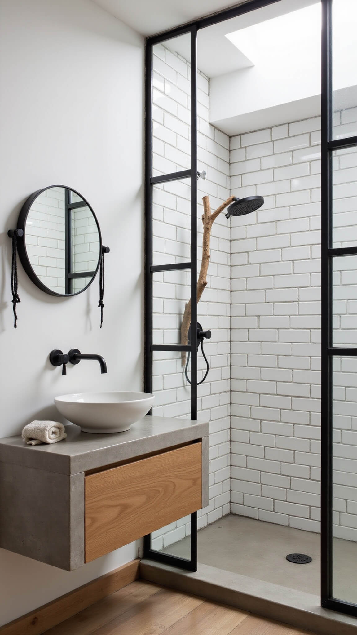 Minimalist barn-style bathroom with concrete floating vanity, black-framed glass shower, vessel sink under round lit mirror, and skylight casting shadows on warm white subway tiles.