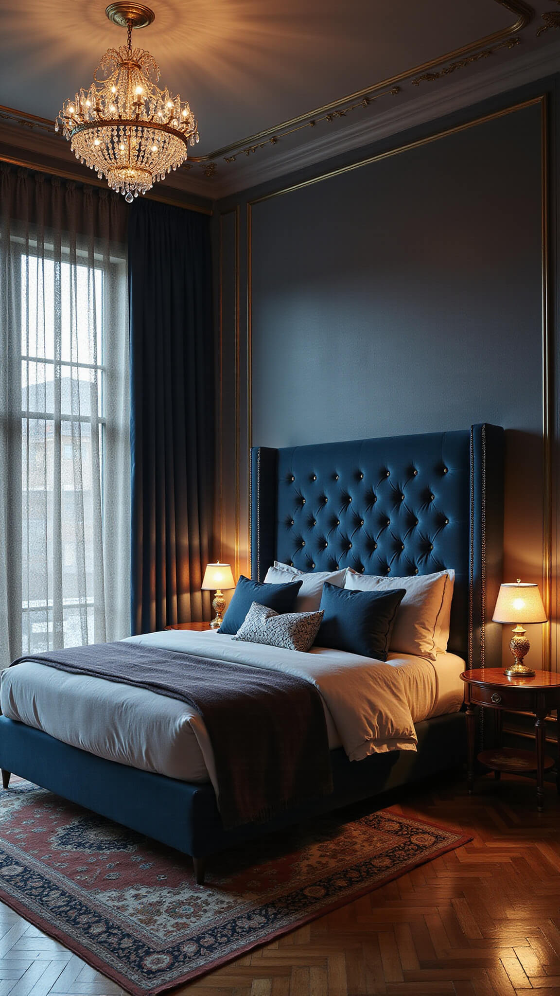 Luxurious 16x20ft vintage-modern bedroom with tall midnight blue tufted headboard, crystal chandelier, metallic accents, and layered vintage rugs under dusk lighting.