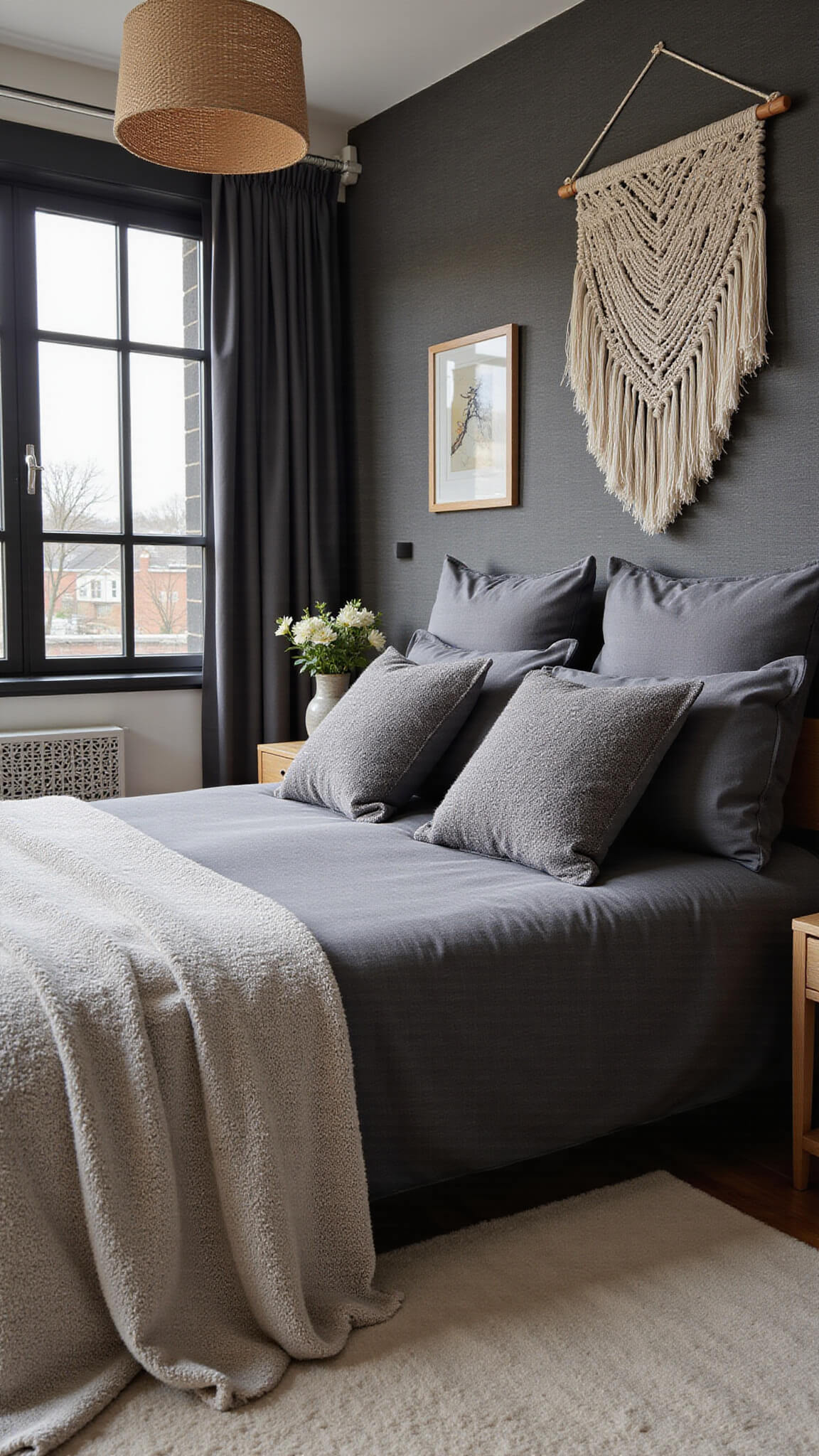 Cozy 13x15ft bedroom with charcoal linen headboard, layered gray textiles, grasscloth wallpaper, and warm textures illuminated by soft rainy light.