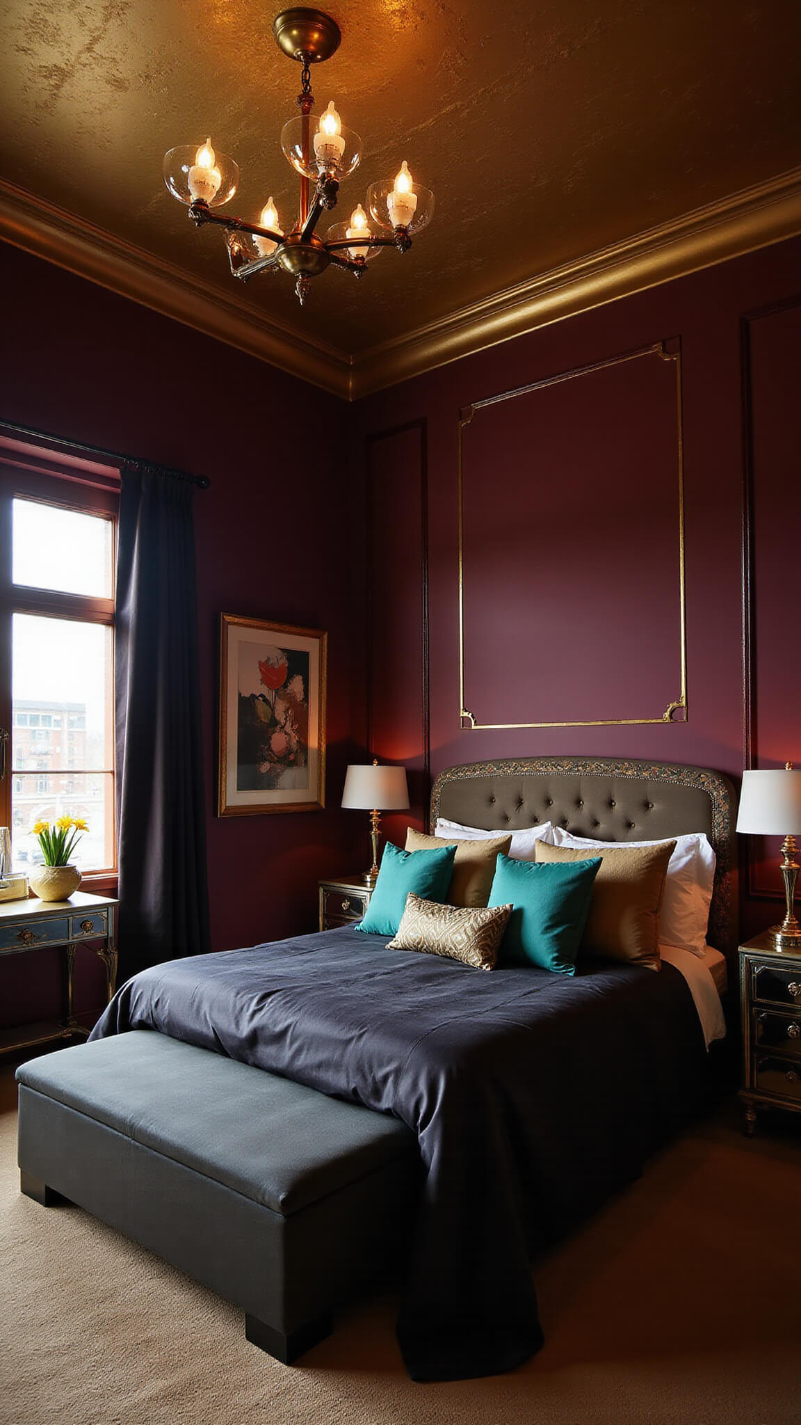 Art Deco bedroom with dramatic lighting, burgundy walls, brass ceiling fixture casting shadows, black silk bed, emerald and gold pillows, mirrored furniture, and abstract art seen from above.