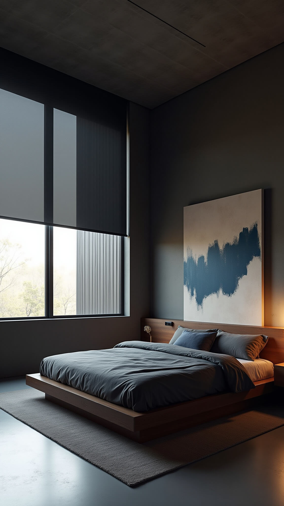 Minimalist 15x17ft moody bedroom with low-profile dark walnut bed, charcoal bedding, oversized abstract blue canvas, concrete floors, floating nightstands, dawn light through black shades casting dramatic shadows.