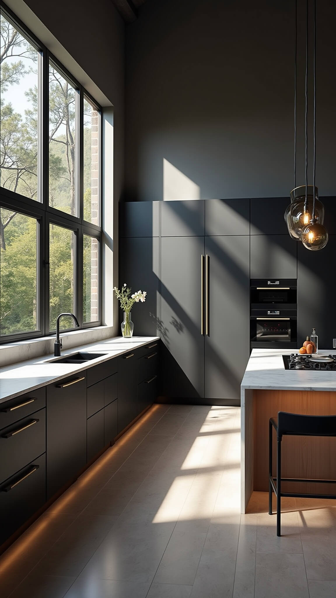 Modern kitchen with 12-foot cathedral ceilings, black matte cabinets with brass hardware, Carrara marble countertops, and dramatic late afternoon lighting.