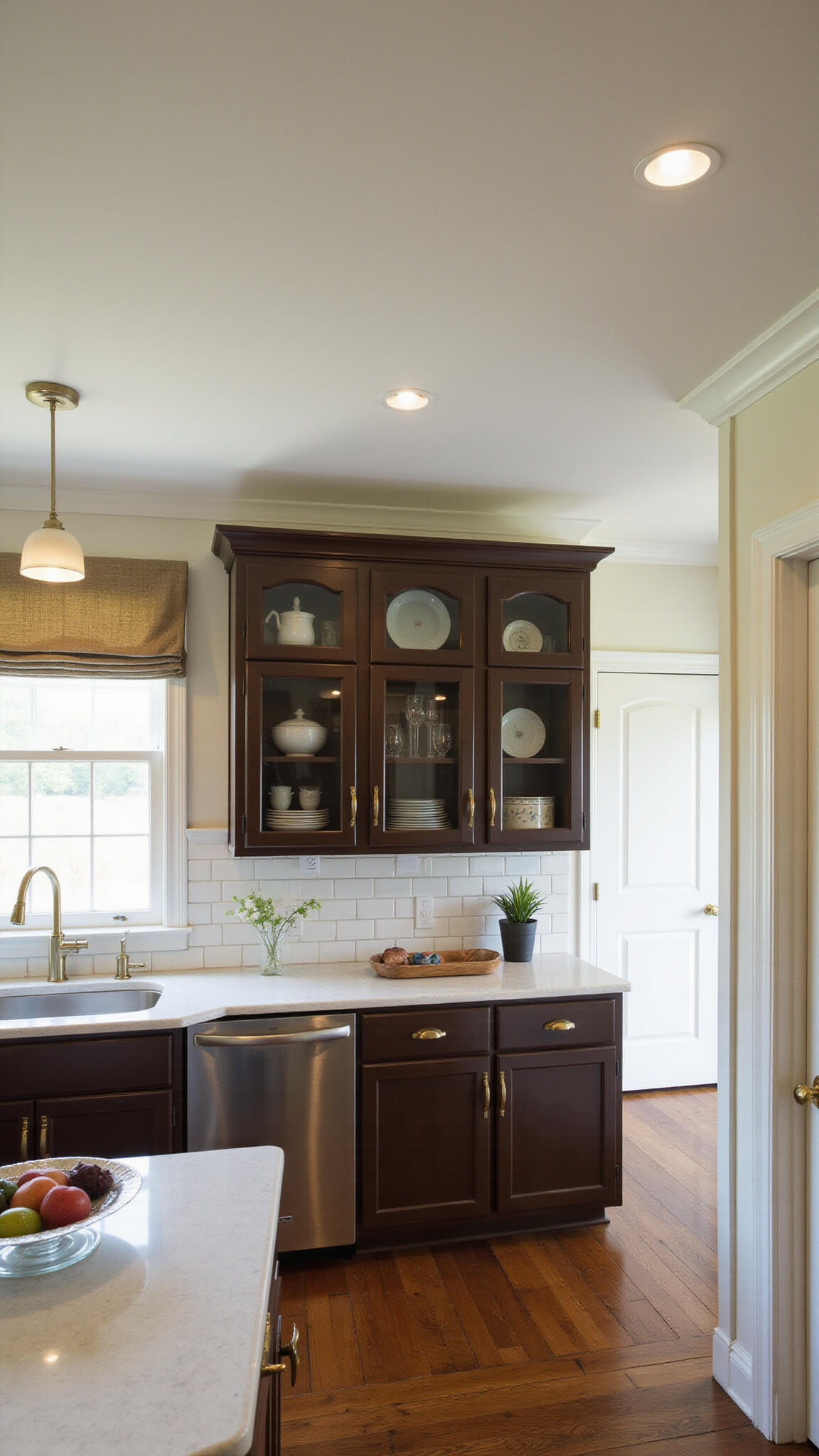 Transitional kitchen with espresso cabinets, white quartz countertops, gold hardware, and Roman shades lit by early morning light.