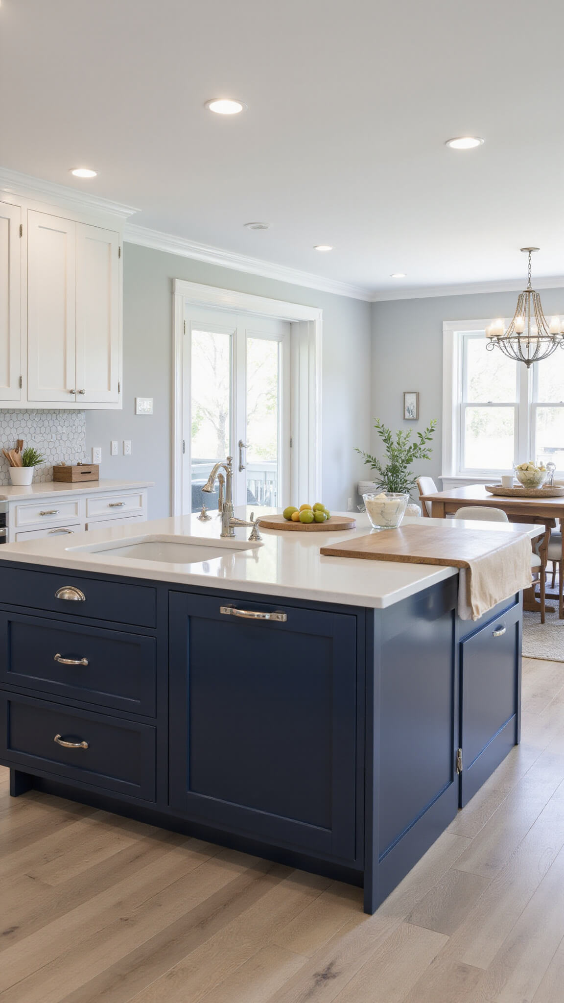 Contemporary coastal kitchen with navy blue shaker cabinets, white uppers, marble hexagon backsplash, butcher block island, and chrome fixtures in open-concept space with white oak floors and natural light.