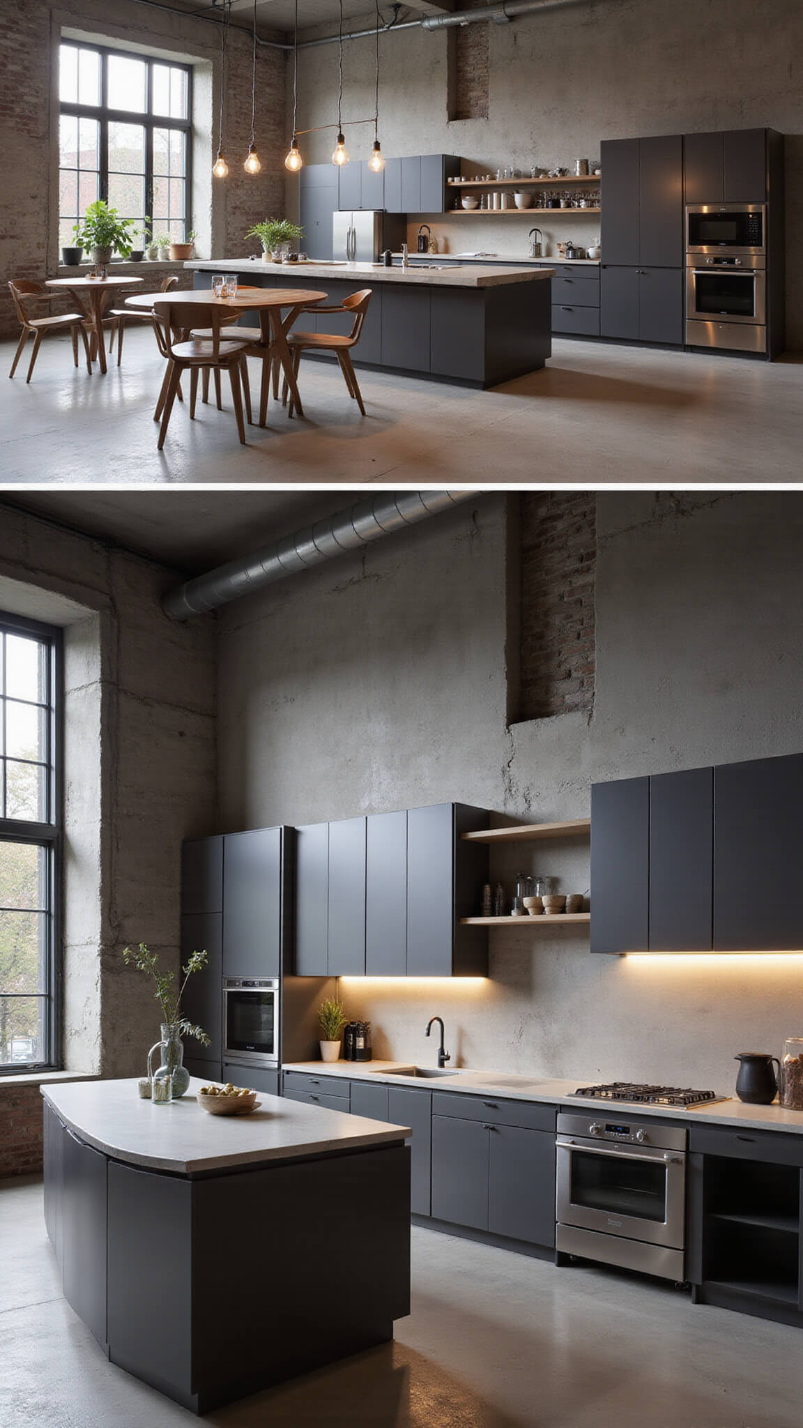 Industrial-modern loft kitchen with charcoal gray flat-panel cabinets, concrete countertops, stainless steel appliances, and Edison bulb lighting.