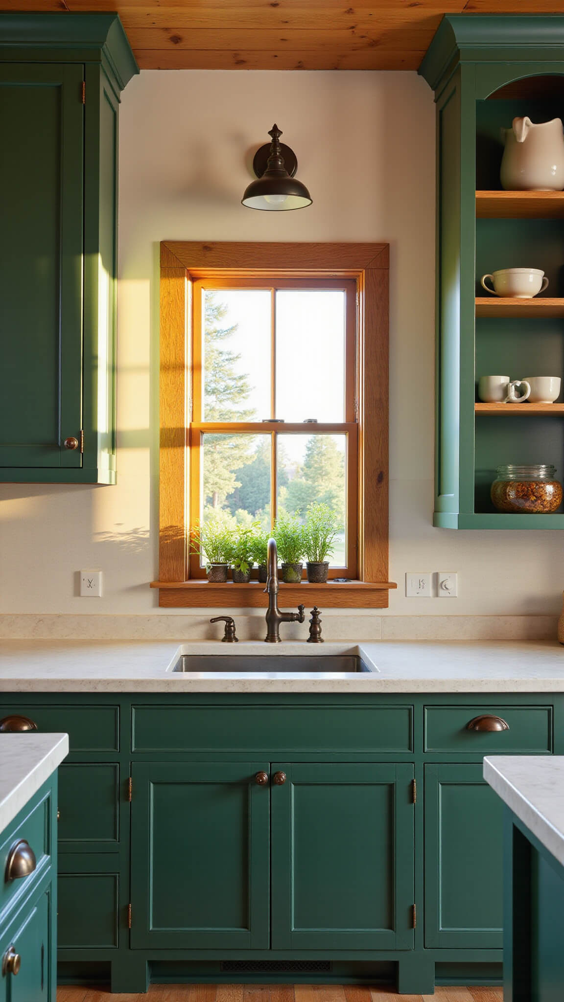 Farmhouse kitchen with forest green raised-panel cabinets, soapstone counters, copper fixtures, white oak shelves with earthenware, and herb garden in window bathed in golden hour light.