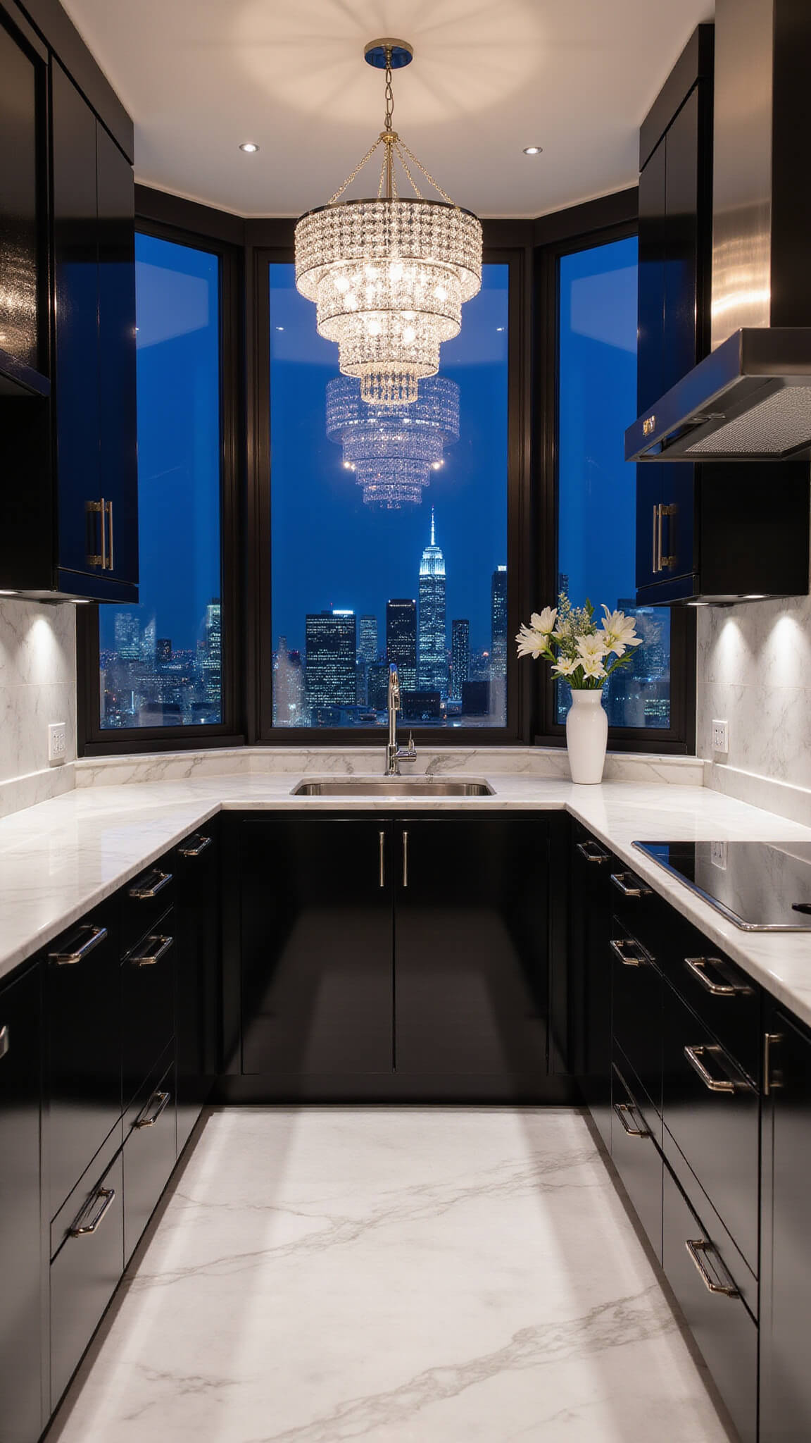 Luxurious high-rise kitchen with black lacquer cabinets, white marble surfaces, crystal chandelier, and city lights visible through large windows at night.