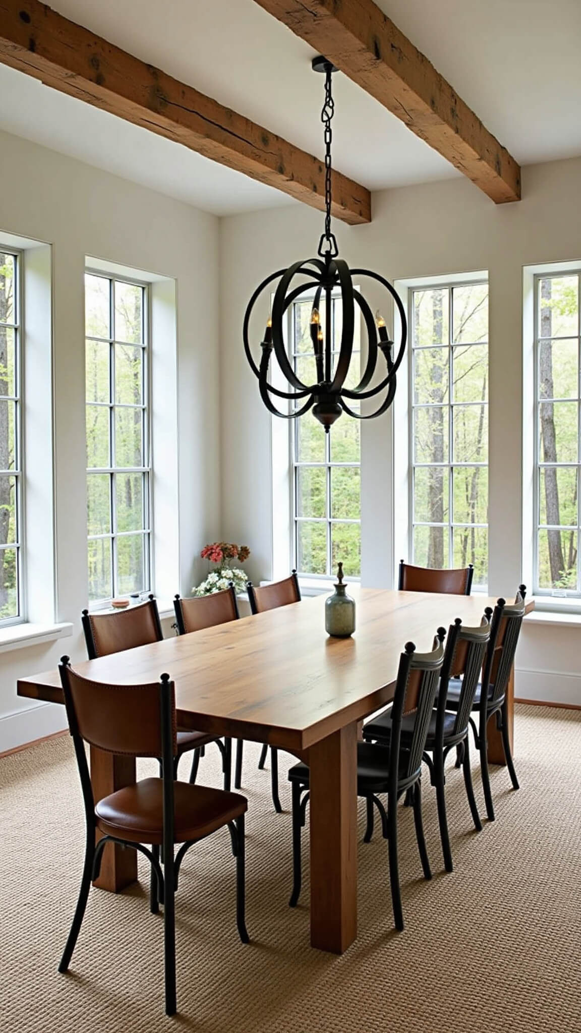 Rustic-modern dining room with reclaimed wood table, mixed vintage-modern chairs, black metal chandelier, jute rug, and forest views through floor-to-ceiling windows.