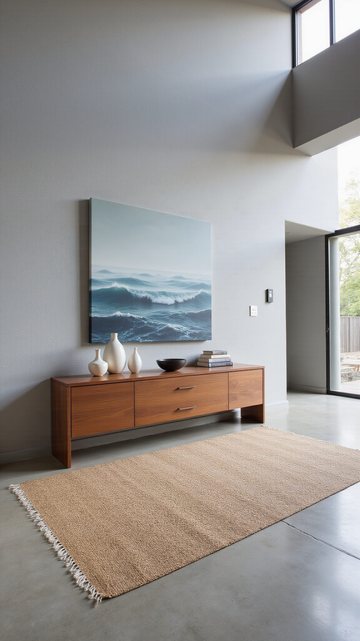 Modern coastal foyer with teak console, abstract ocean artwork, sisal rug, and polished concrete floors under soft afternoon light.