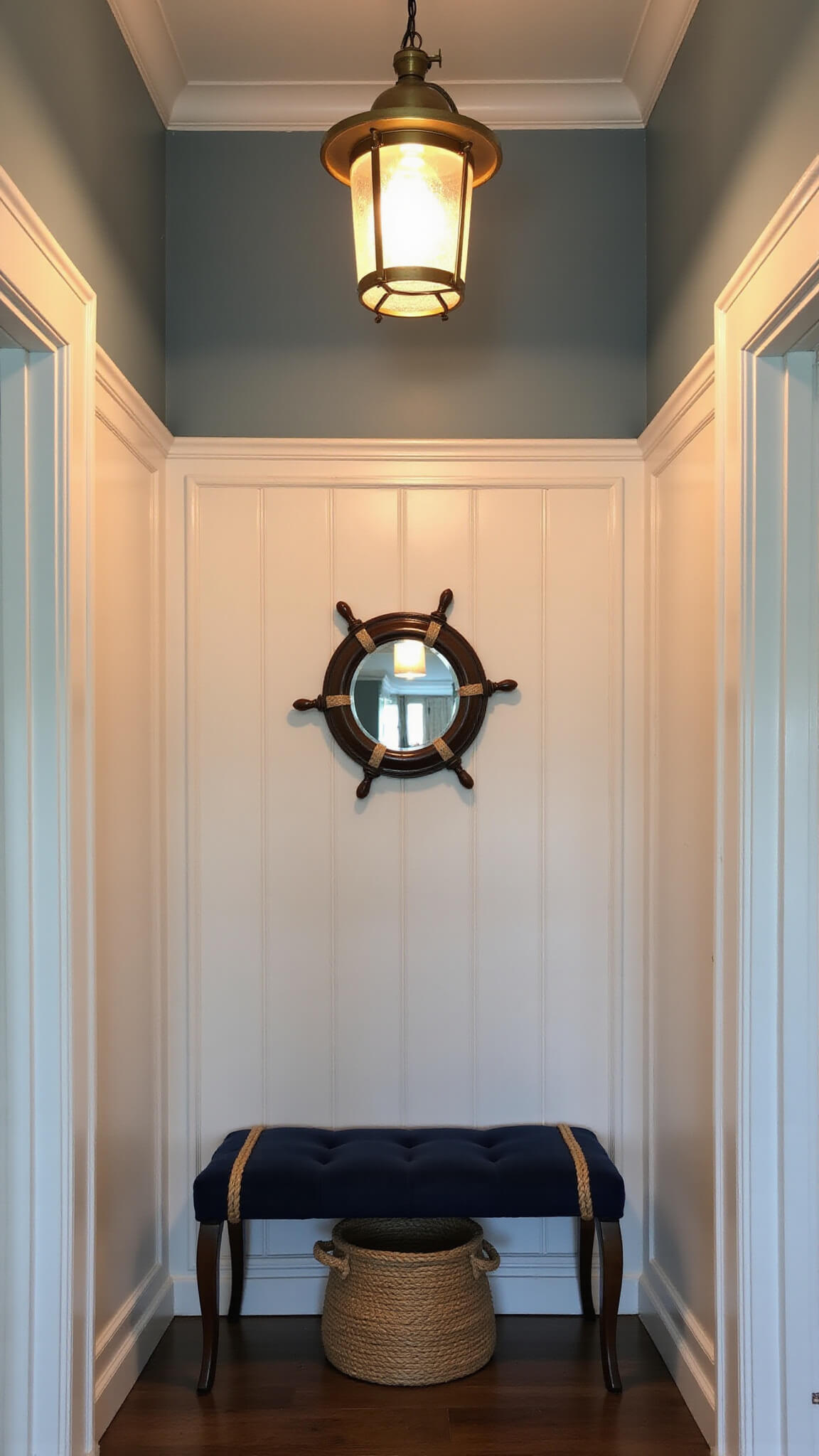 Nautical-themed entry nook with white wainscoting, soft blue walls, navy bench with rope accents, brass lantern pendant, ship wheel mirror, and seagrass basket under warm evening light.