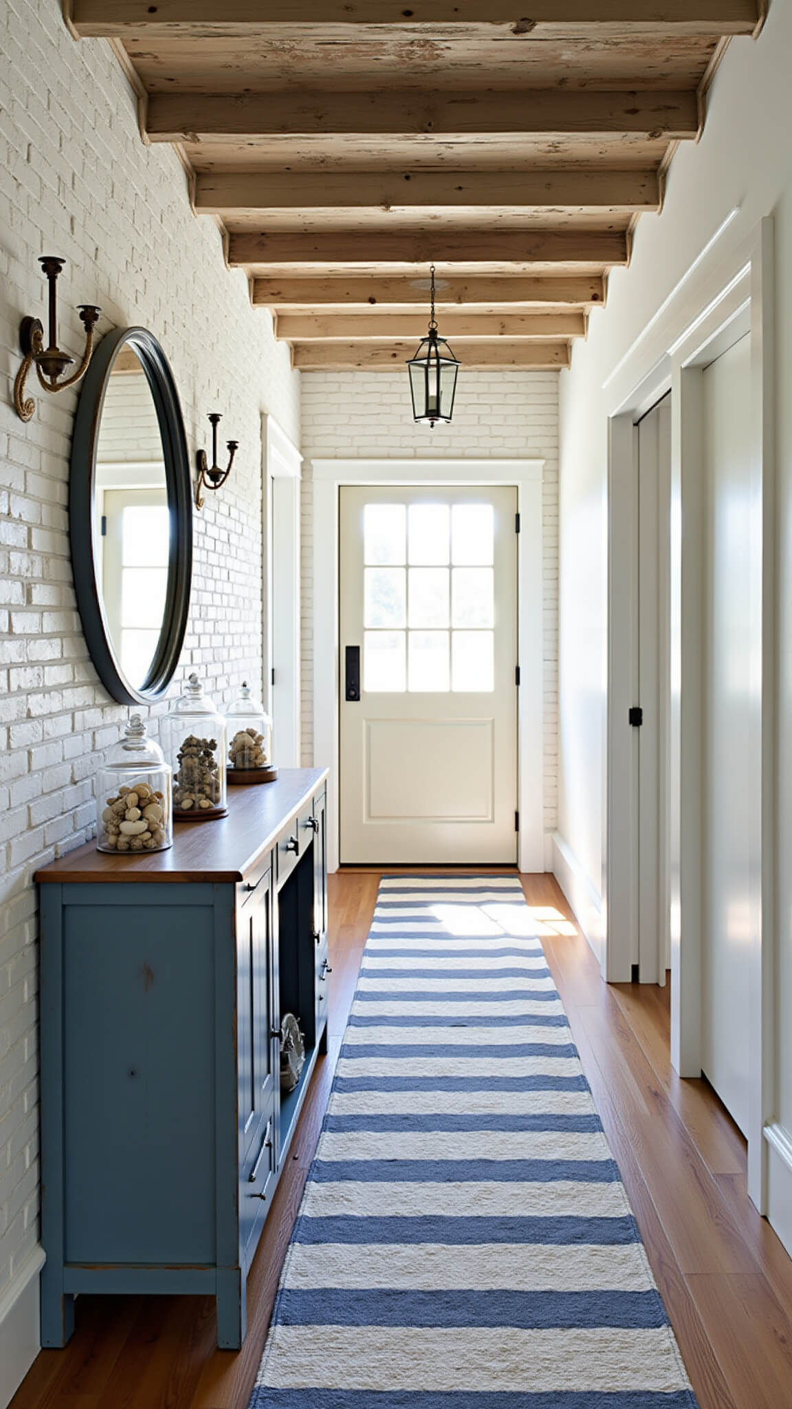 Coastal farmhouse entryway with whitewashed brick, blue console, striped runner, and dutch door in dramatic mid-morning light.