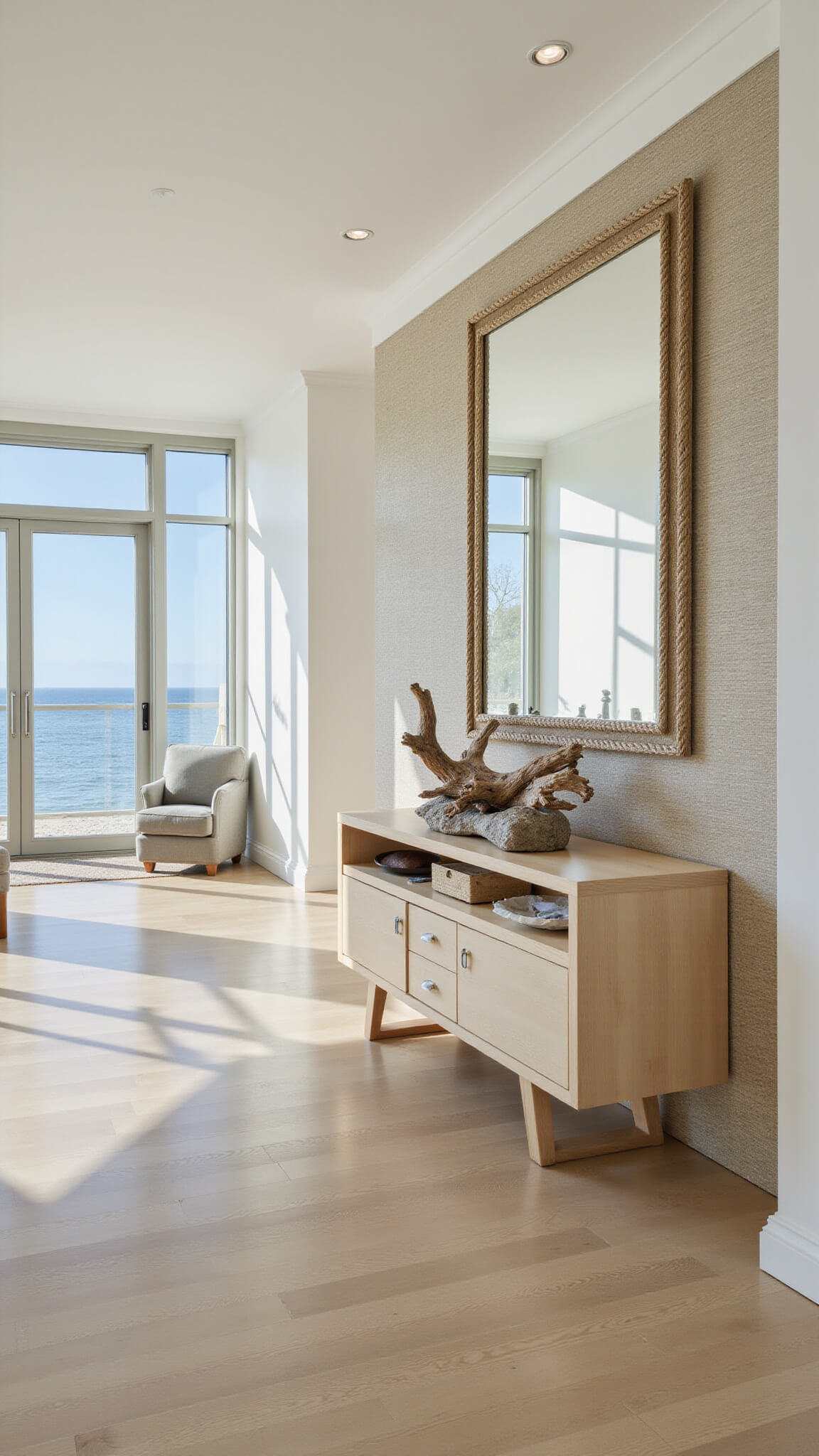 Modern beach-style foyer with floor-to-ceiling windows, pale wood console, driftwood decor, sea glass, rope-framed mirror, and sand-patterned wallpaper.